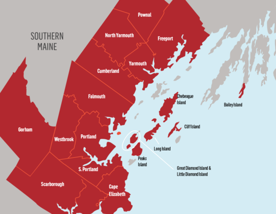 Map of Maine showing coastal towns including Portland, Bangor, and Bar Harbor, with neighboring state of New Hampshire and Atlantic Ocean, featuring islands like Mount Desert Island.