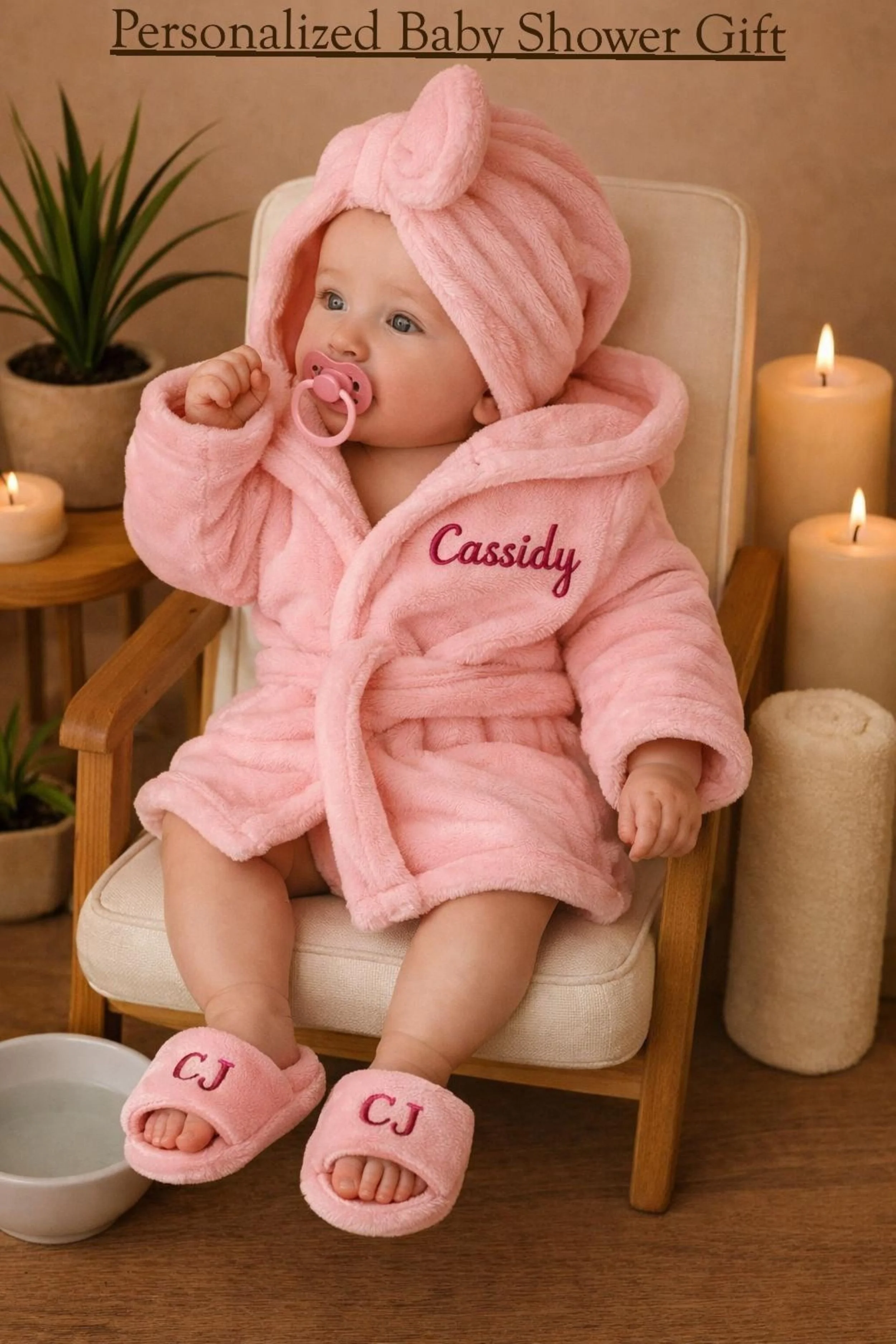 Personalized Baby Gift  Set- Fits 0-12 months, Pink. Set includes robe, hair wrap & Slippers