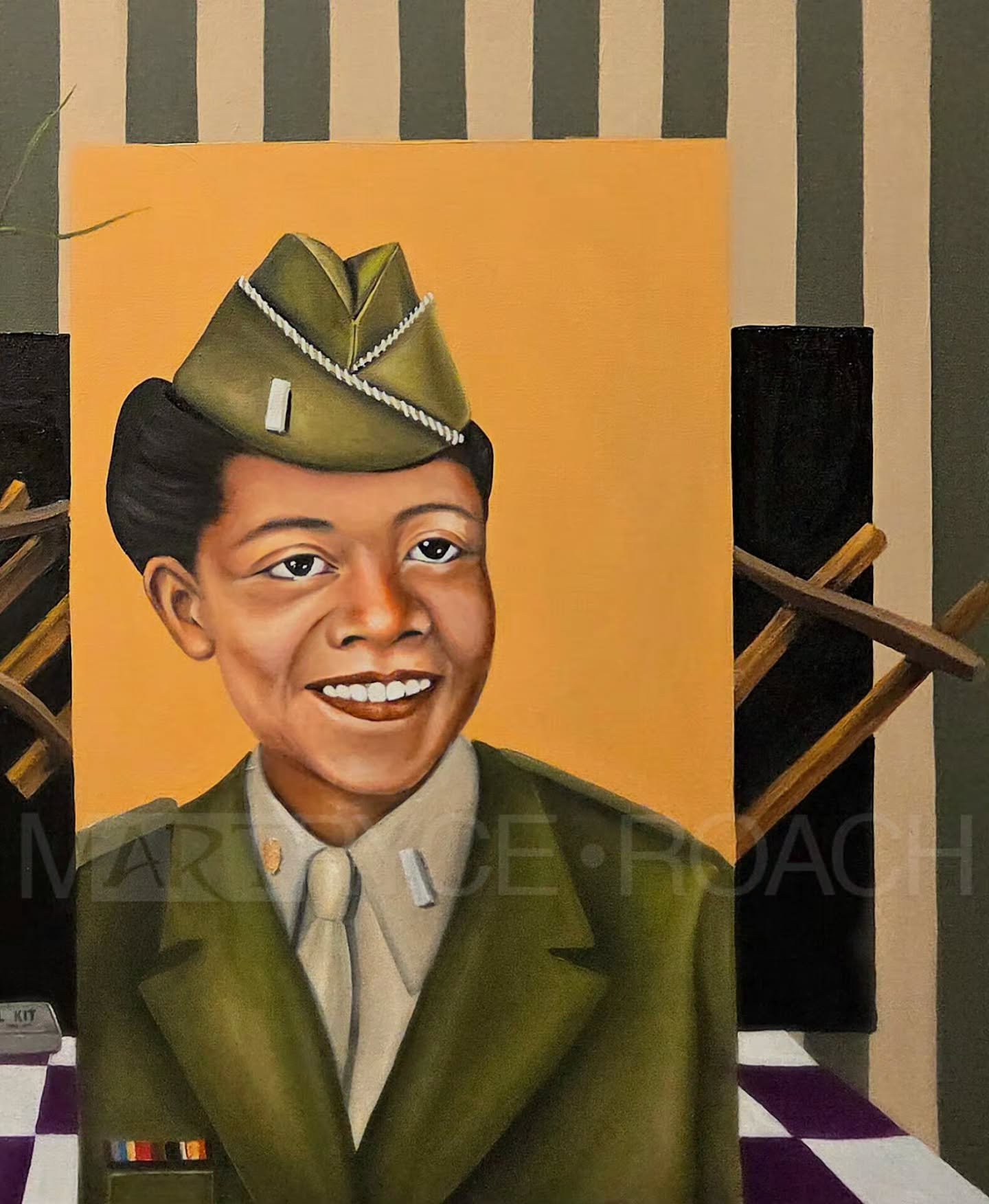 Inspired by a photograph of WWII Women's Army Corps Veteran, Vivian Mildred Corbett Bailey, this 2025 piece identifies with African American women who faced significant challenges as they navigated serving in the United States military during World W