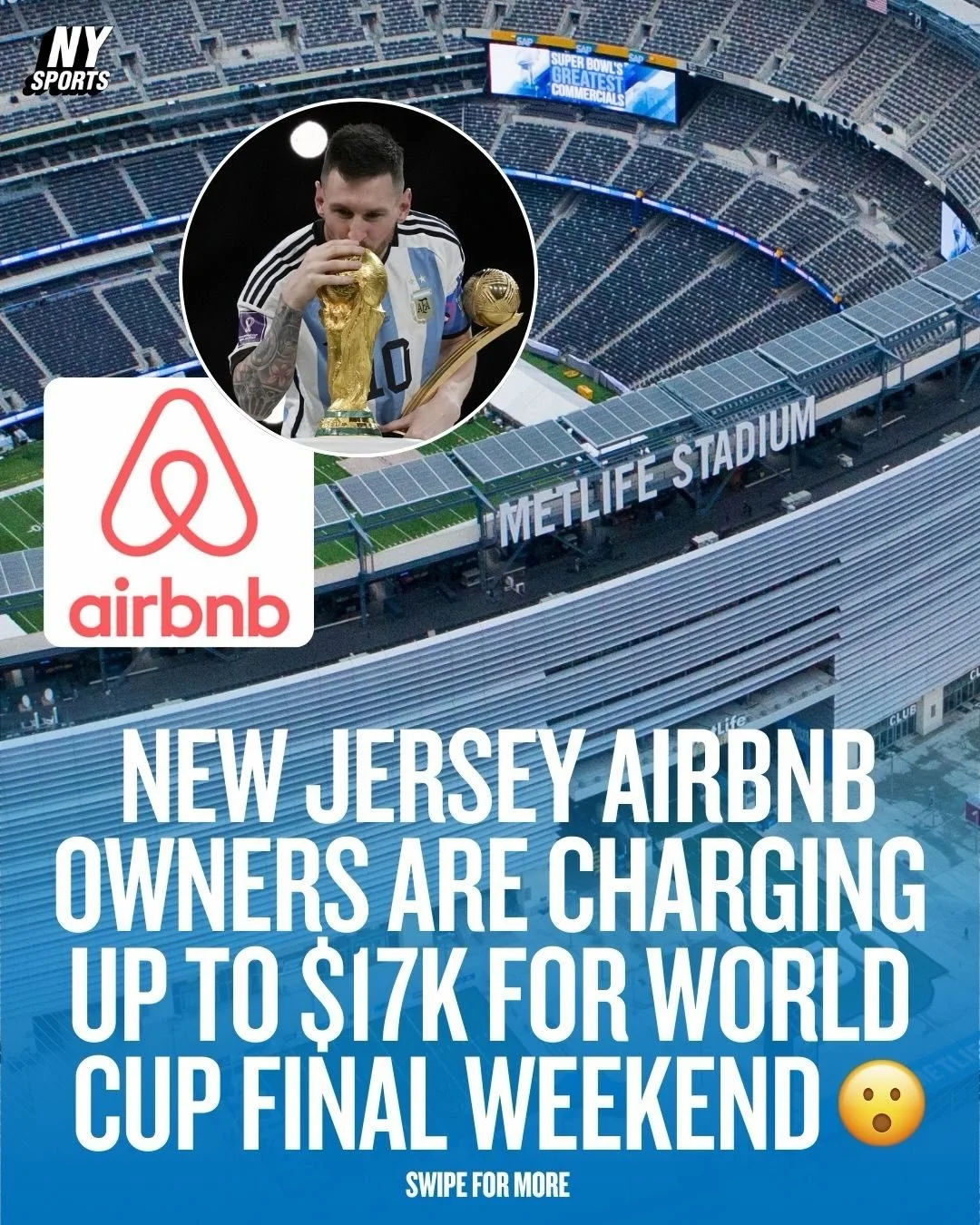 New Jersey Airbnb hosts near MetLife Stadium are listing stays as high as $17,000 from July 17&ndash;20, the weekend of FIFA World Cup Final 😮 The prices are driven by demand for walkable accommodations nearby MetLife Stadium