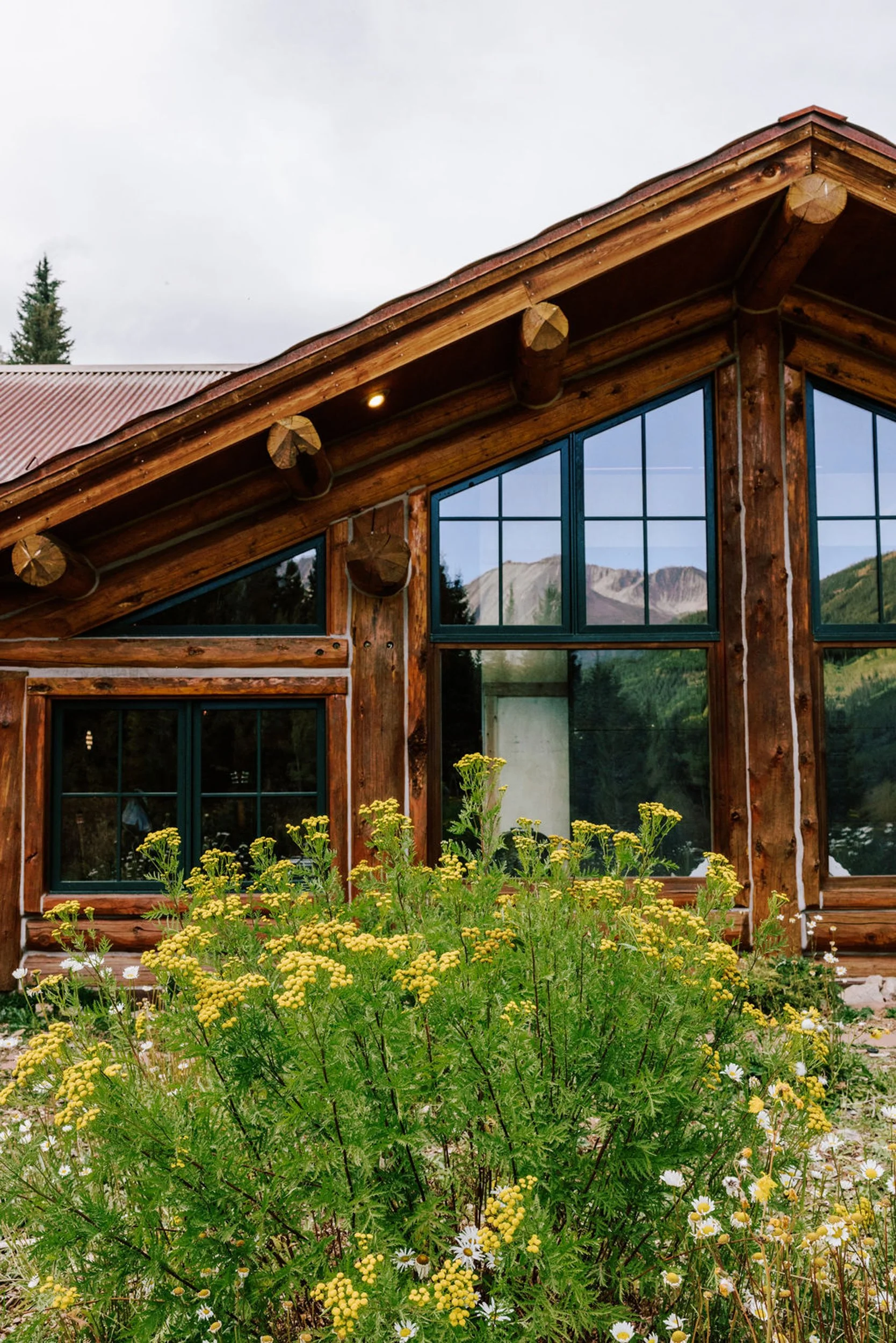 Pine Creek Cookhouse log building exterior with large windows and yellow wildflowers, an intimate backcountry wedding venue near Aspen Colorado