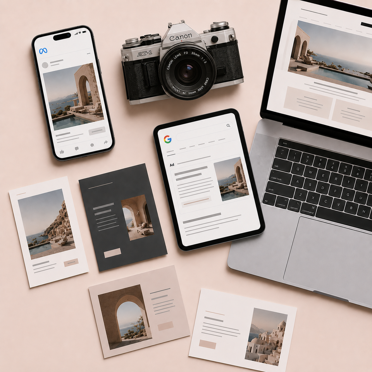 flat lay of ad creative mockups on phones and laptop in blush and mauve tones.