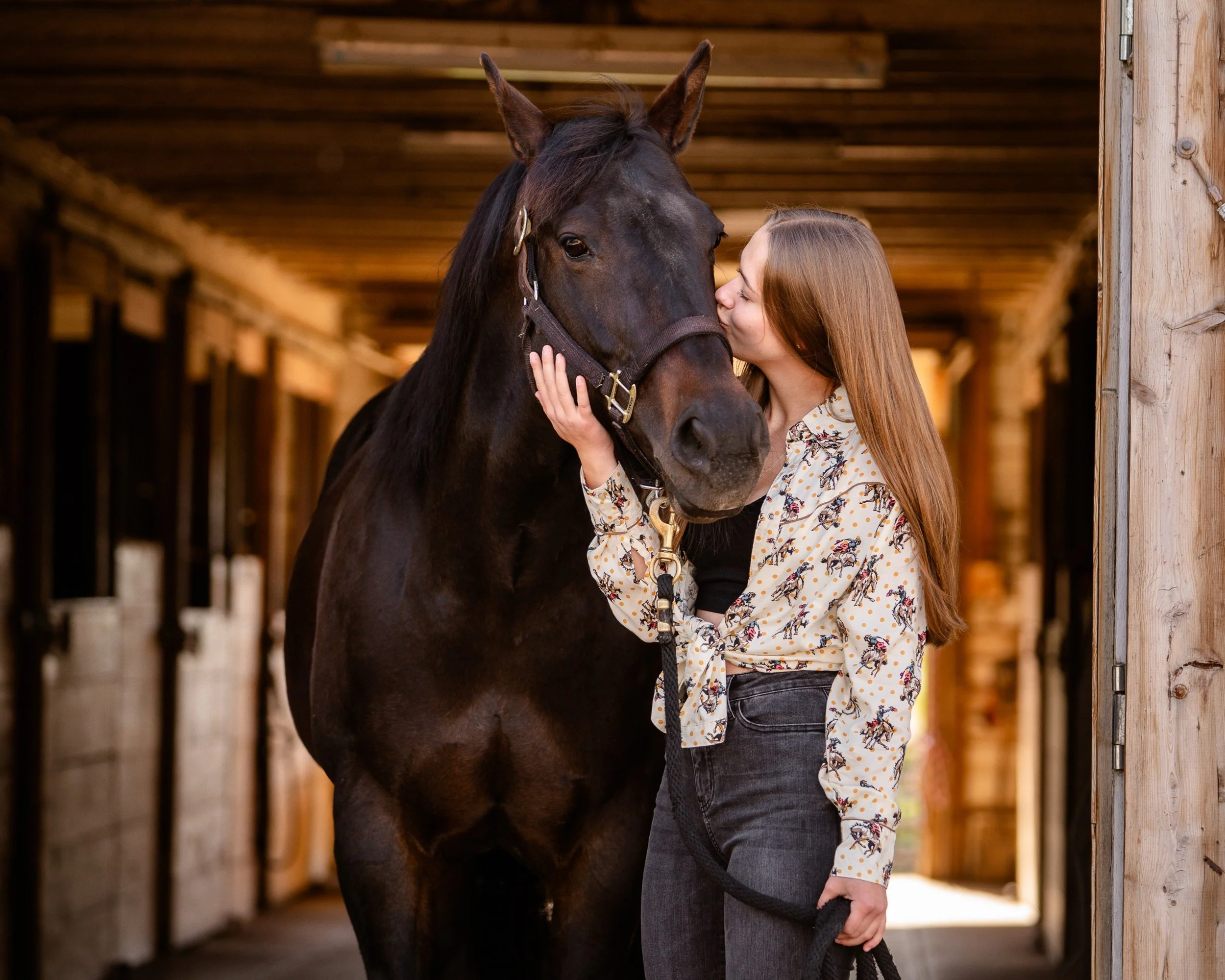 senior girl with horse denim jeans cowboy shirt