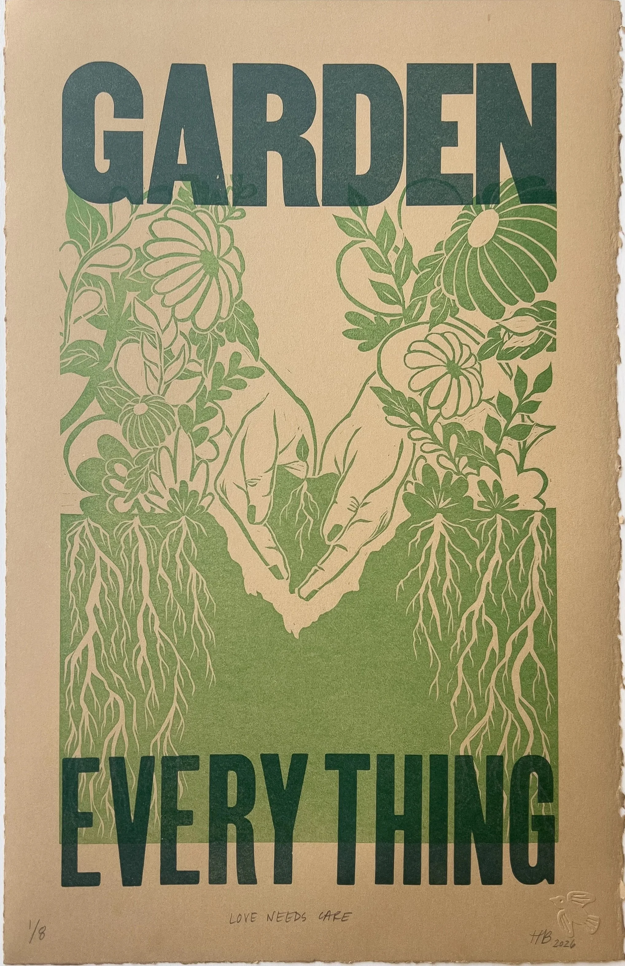 Love Needs Care, 2026 | Linoleum relief print & Letterpress print, 17 x 11 in.