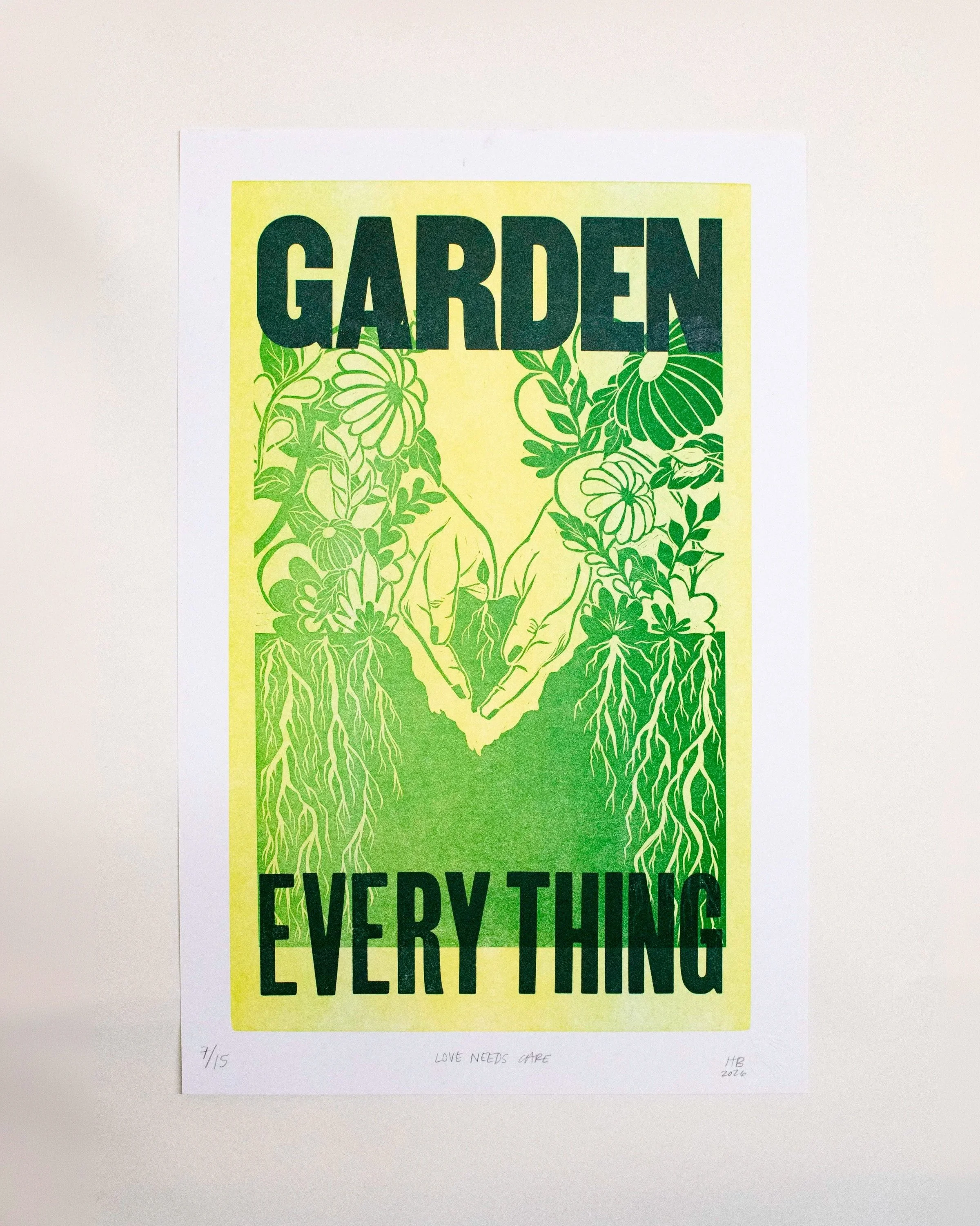 Love Needs Care, 2026 | Linoleum relief print & Letterpress print, 18 x 12 in.
