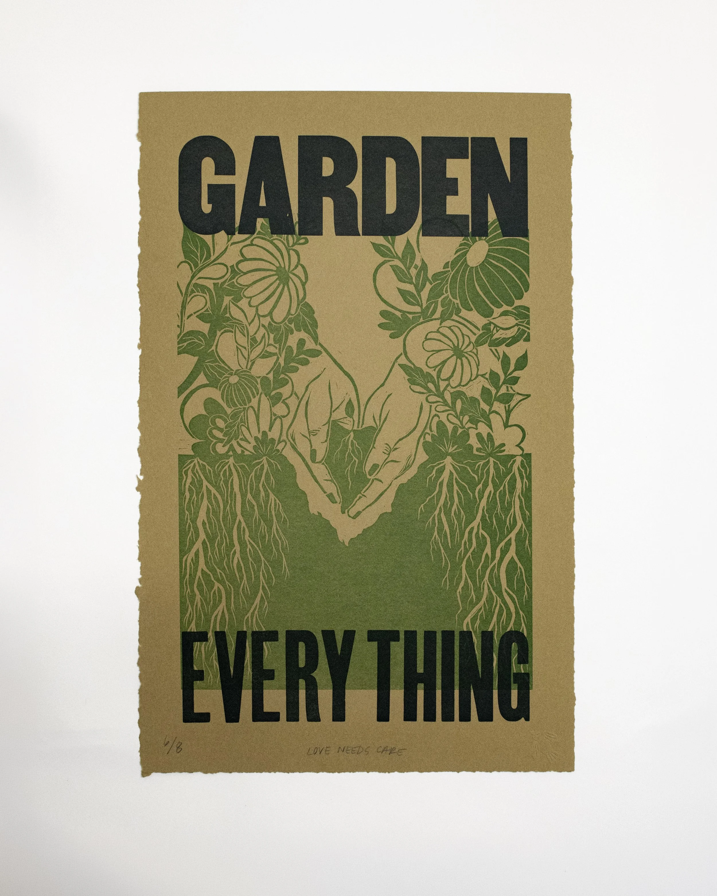 Love Needs Care, 2026 | Linoleum relief print & Letterpress print, 17 x 11 in.