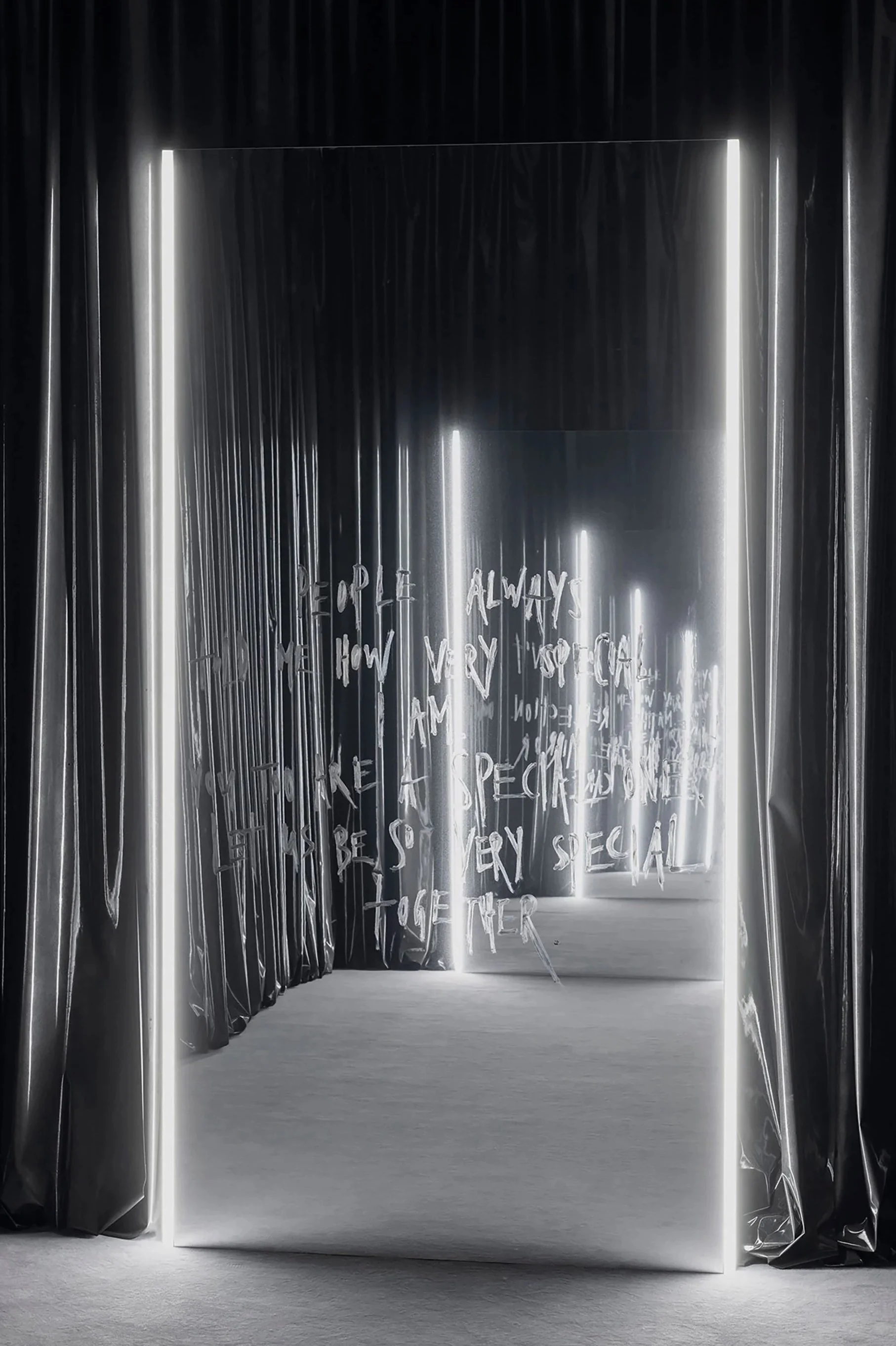 PEOPLE ALWAYS TOLD ME HOW VERY SPECIAL I AM. YOU TOO ARE A SPECIAL ONE. LET US BE SO VERY SPECIAL TOGETHER. 2022
Mirror foil on alu-frame, lipstick, LED lights, metal lacquer on vinyl curtain
Mirror: 298 x 156 x 4 cm
Curtain: variable dimensions