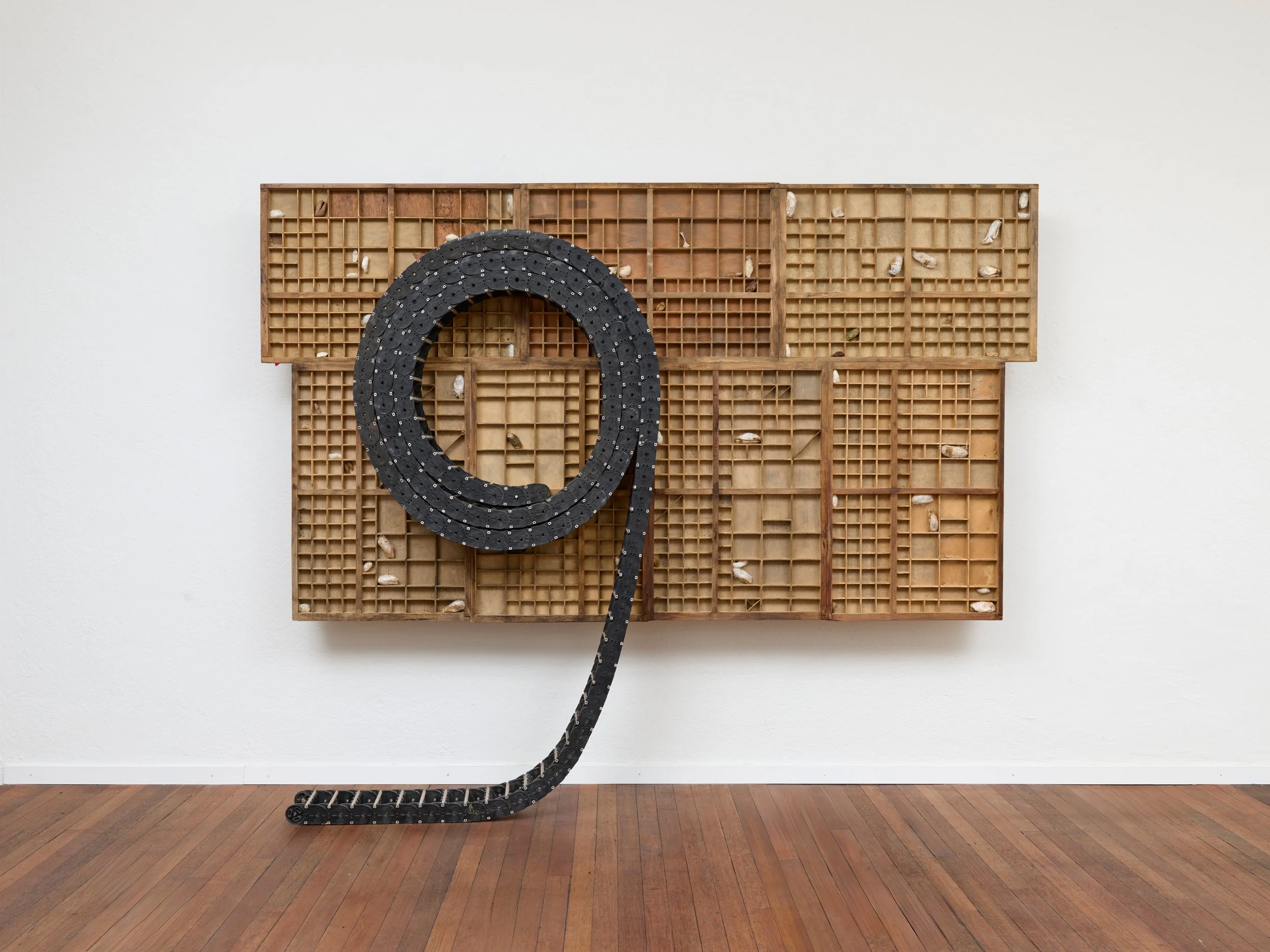 Mónica Mays
She wached the bars of time, which broke, 2025
Conveyor belts, pulley, palm, chain
190 x 225 x 33 cm