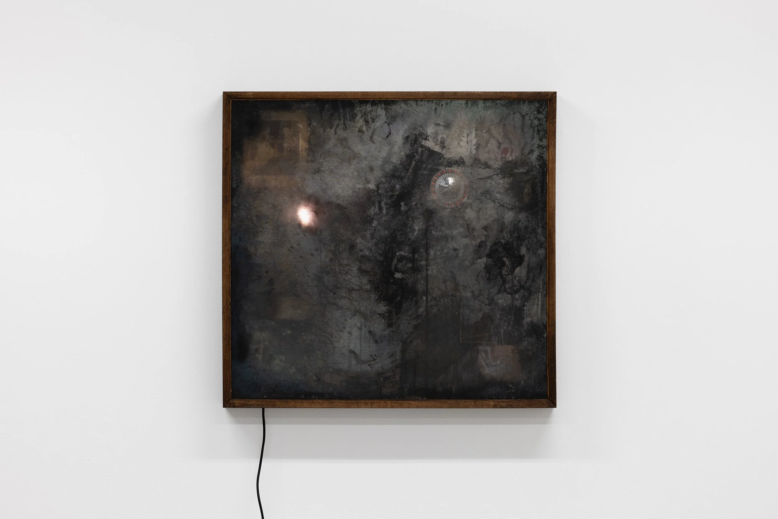 Vanity, 2026
silver nitrate mirror, miscellaneous objects, archival images, lamp, artist frame
