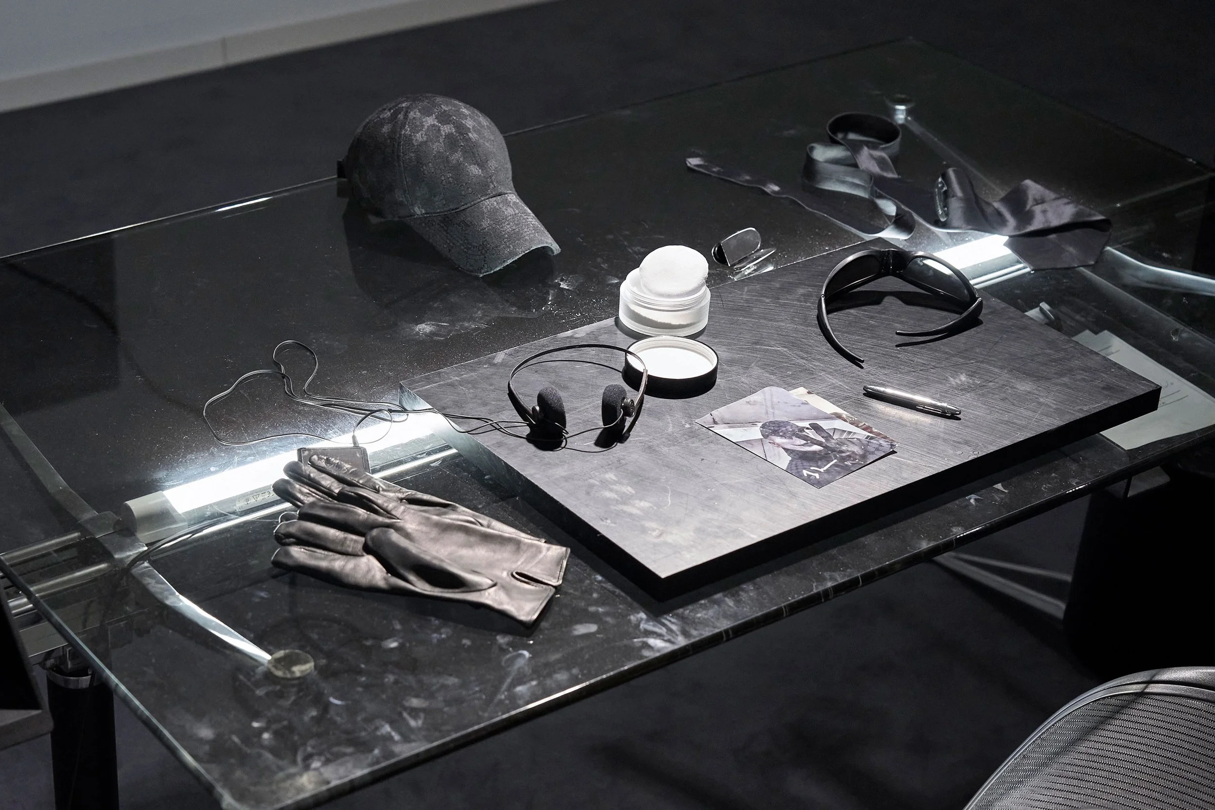 ROSES ARE RED. VIOLETS ARE BLUE. 
THE POLICE WILL NEED DENTAL 
RECORDS TO IDENTIFY YOU. 
BITCH, 2022
Reworked Balenciaga hat, reworked Balenciaga sunglasses, gloves, cutting 
board, sunscreen, lacquer
Variable dimensions