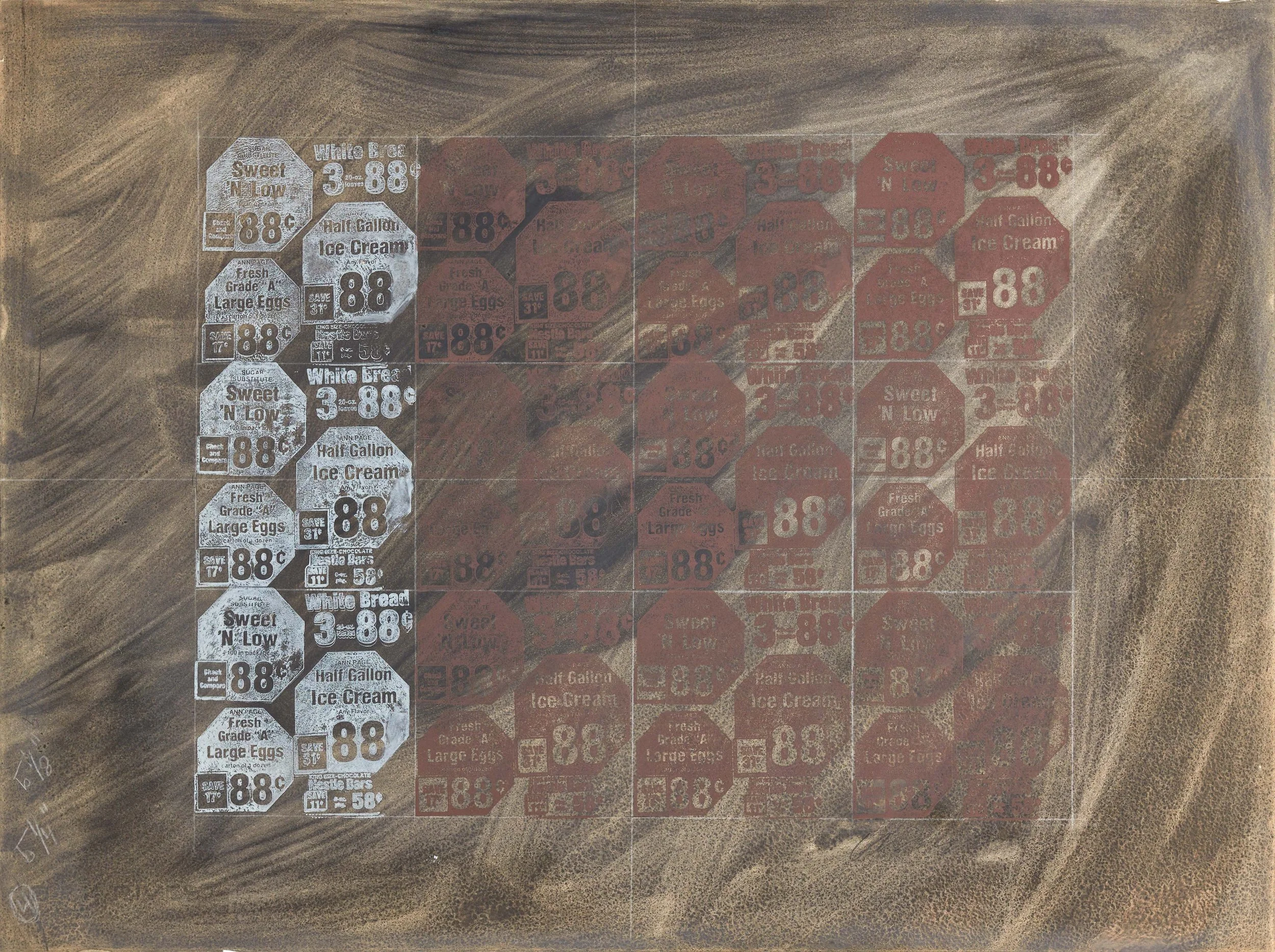 Chryssa
Display Ads, Early 1960s 
gouache with stamp prints on paper
76 x 56 cm 