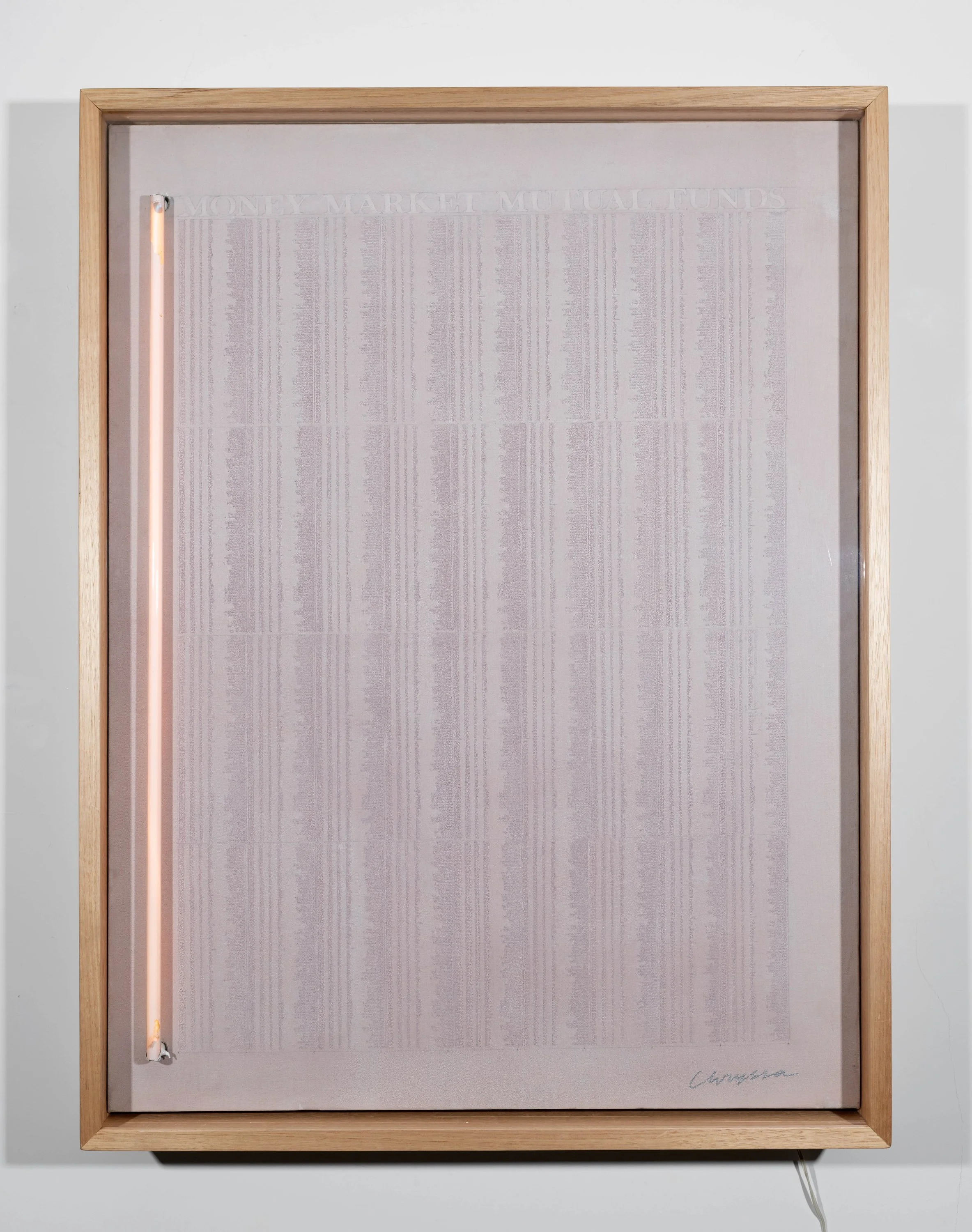 Chryssa - Money Market Mutual Funds (with neon), 1962 - 1963 
Oil with stamp prints on canvas, neon light
103 x 78.5 x 13 cm