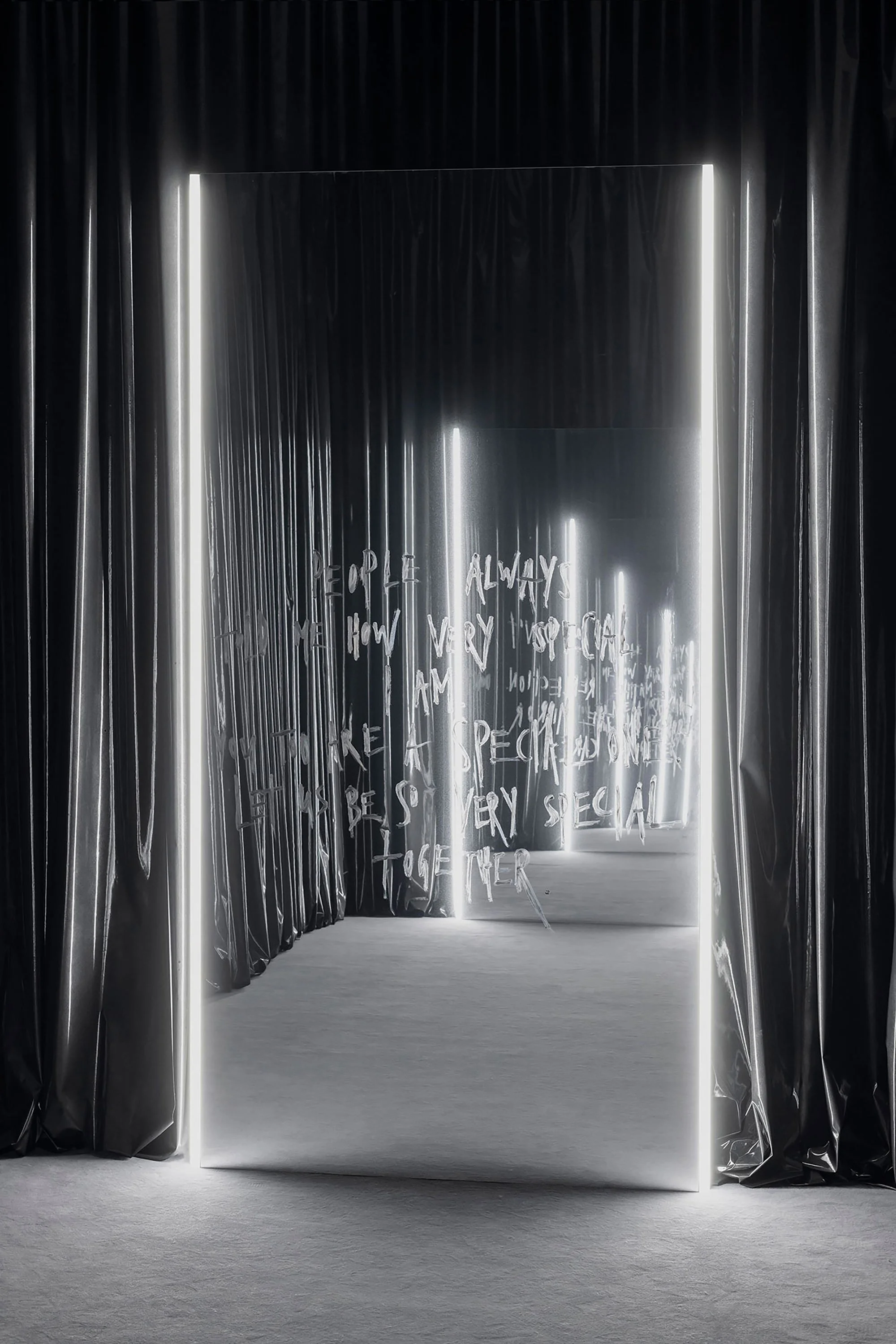 PEOPLE ALWAYS TOLD ME 
HOW VERY SPECIAL I AM. 
YOU TOO ARE A SPECIAL ONE. 
LET US BE SO VERY SPECIAL 
TOGETHER. 2022
Mirror foil on alu-frame, lipstick, 
LED lights, metal lacquer on vinyl 
curtain
Mirror: 298 x 156 x 4 cm; 
Curtain: variable dimensi