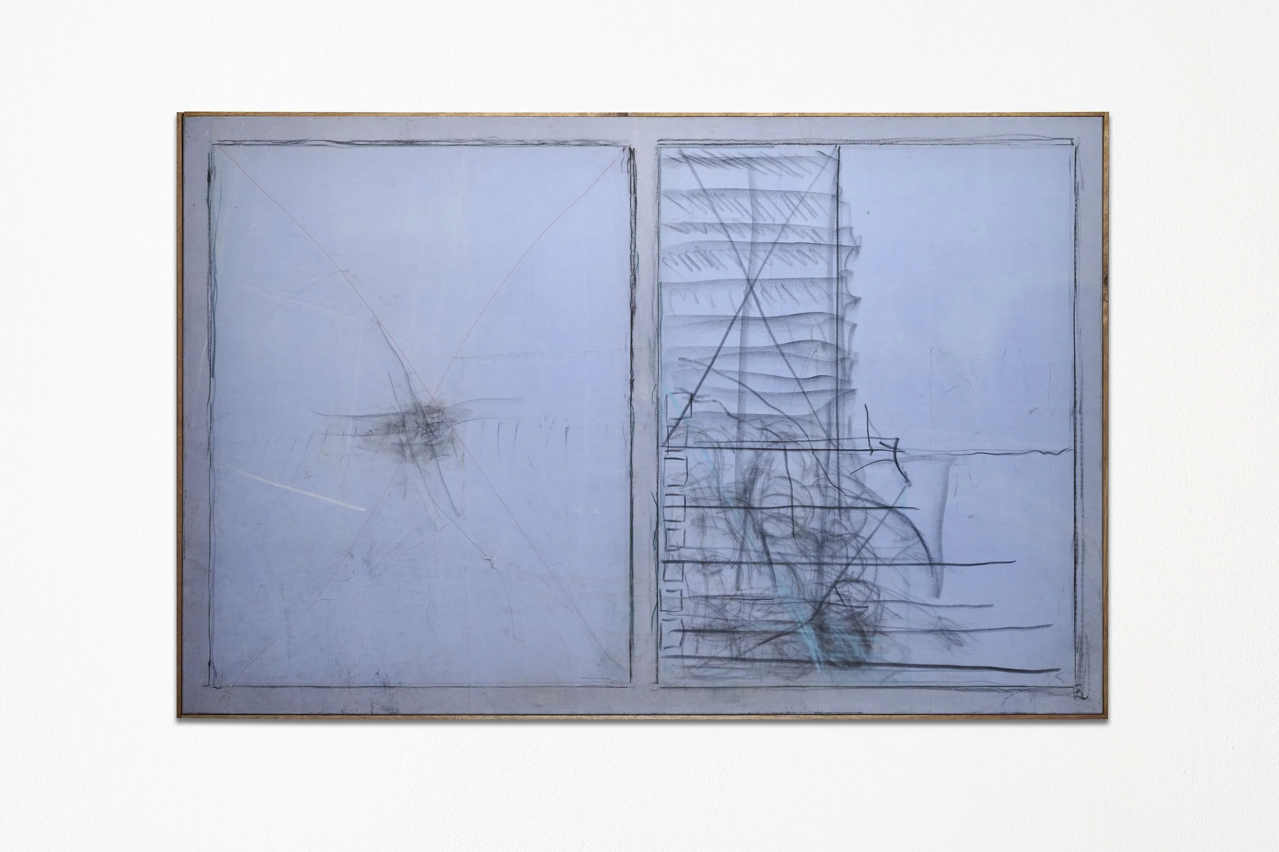 Marie Matusz
Day to day, night to night; dans le vide je vois le monde en entier, 2025
Oil, acrylic, charcoal and coloured pencil on waxed cotton, mahogany wood
202 x 132 x 4 cm