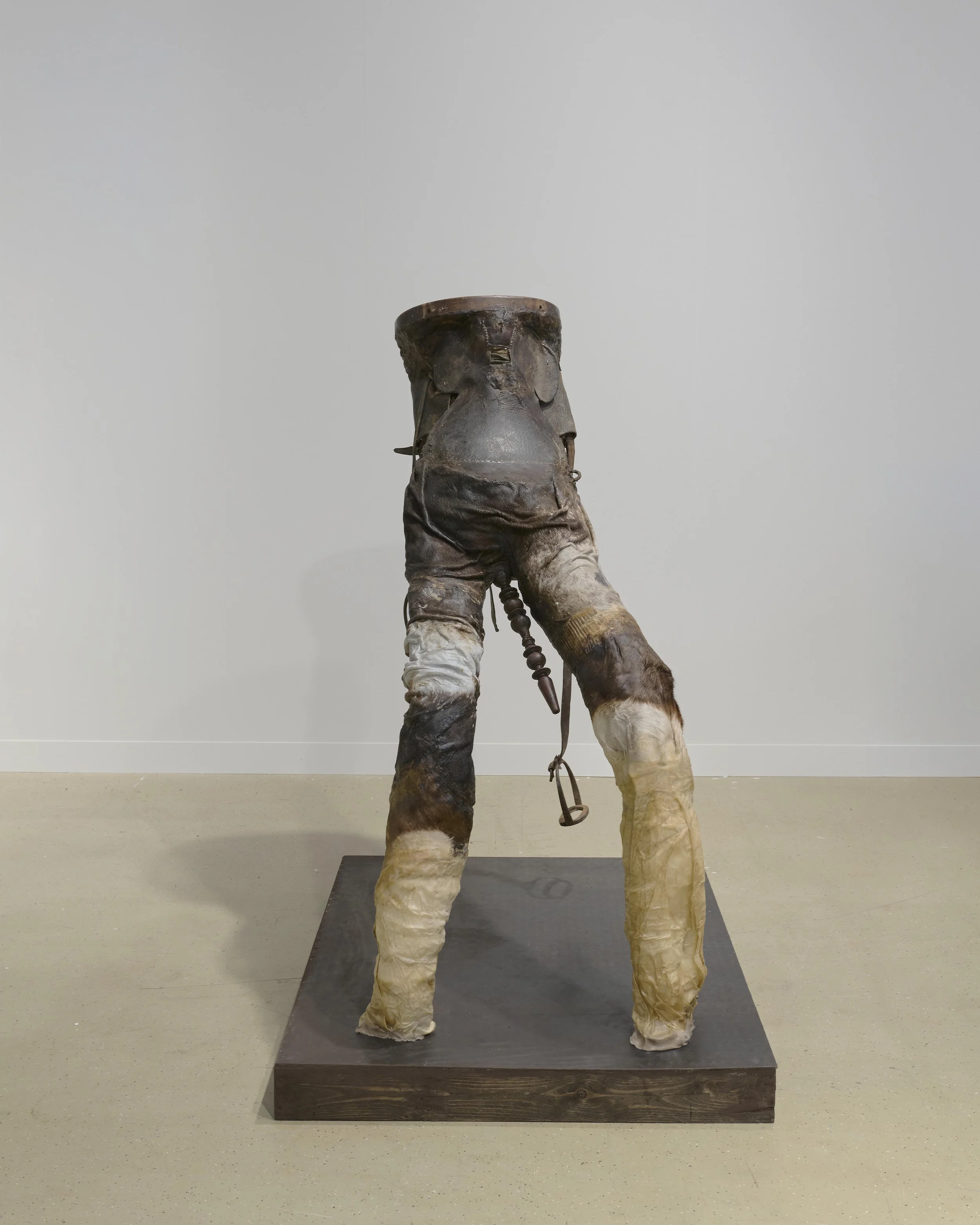 Buckaroo, tarred and feathered, 2026
saddle, leather, vellum, fur, cardboard, wax, feathers, wood, steel
142 x 85 x 101 cm