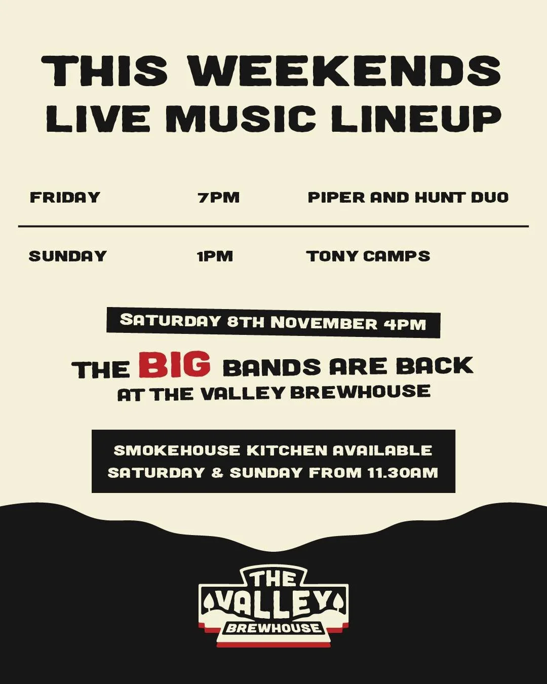 🎶 This Weekend&rsquo;s Live Music Lineup 🎶

FRIDAY
🎤 Piper &amp; Hunt Duo &ndash; Live from 7pm

SATURDAY
🎸🎸 The BIG bands are back! 🤘 &ndash; Live from 4pm | Featuring Out of Focus, Road Hogs &amp; Damnation - The AC/DC Bon Scott Tribute Band.