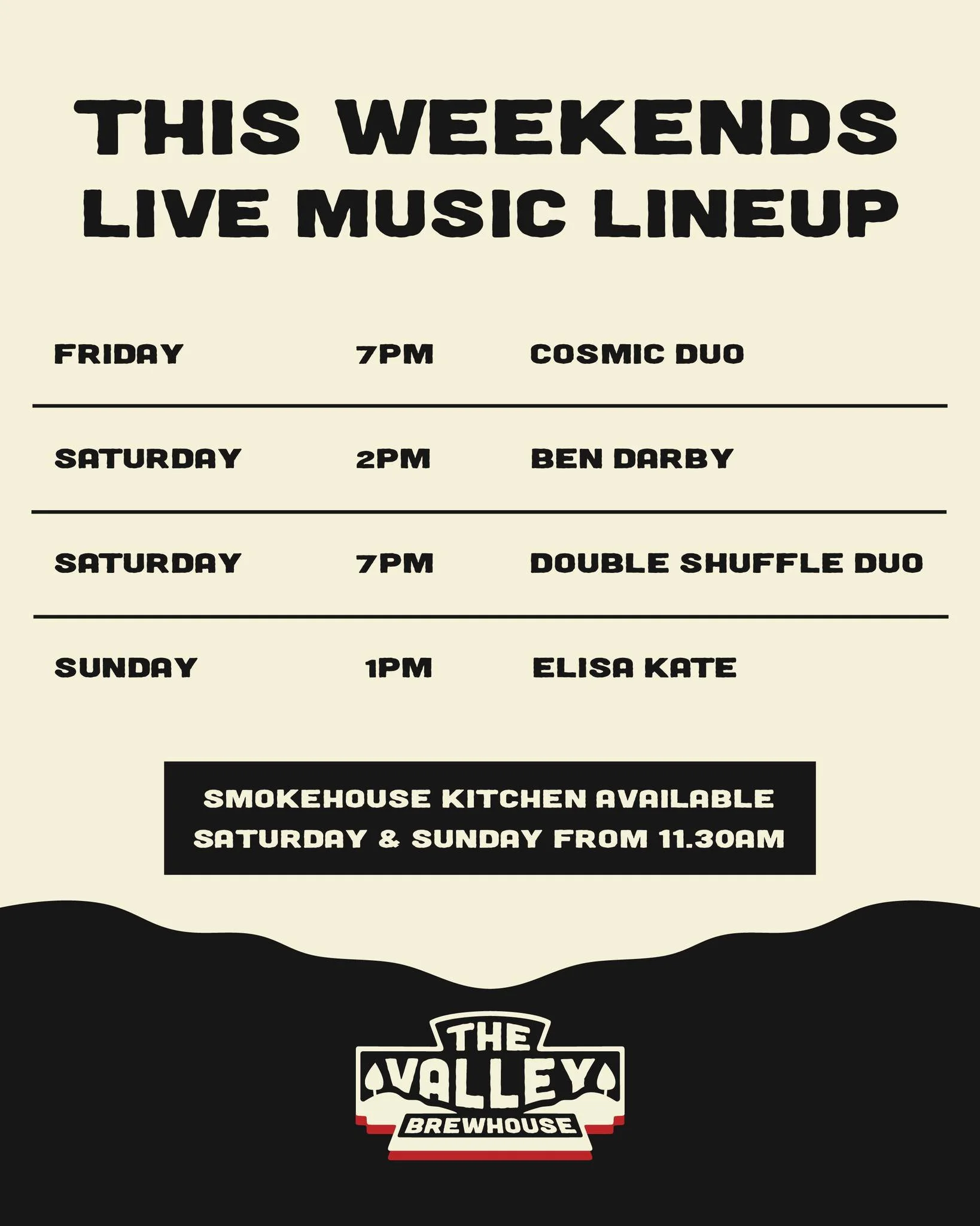 🎶 This Weekend&rsquo;s Live Music Lineup 🎶

FRIDAY
🎤 Cosmic Duo &ndash; Live from 7pm

SATURDAY
🎸 Ben Darby &ndash; Live from 2pm
🎶 Double Shuffle Duo &ndash; Live from 7pm

SUNDAY
🎵 Elisa Kate &ndash; Live from 1pm

🍖 Our Smokehouse Kitchen i