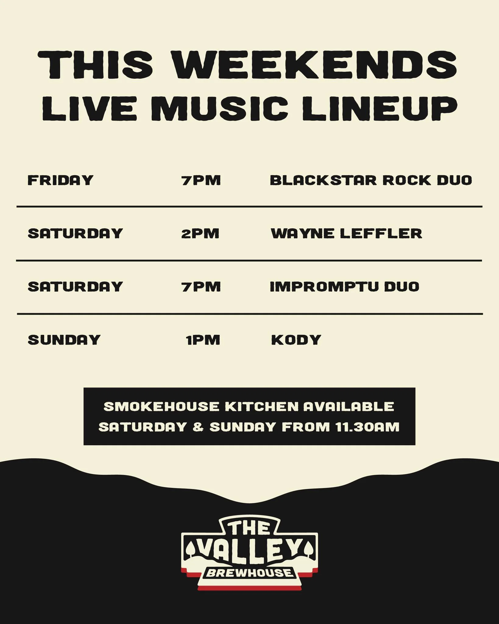 🎶 This Weekend&rsquo;s Live Music Lineup 🎶

FRIDAY
🎤 Blackstar Rock Duo &ndash; Live from 7pm

SATURDAY
🎸 Wayne Leffler &ndash; Live from 2pm
🎶 Impromptu Duo &ndash; Live from 7pm

SUNDAY
🎵 Kody &ndash; Live from 1pm

🍖 Our Smokehouse Kitchen 