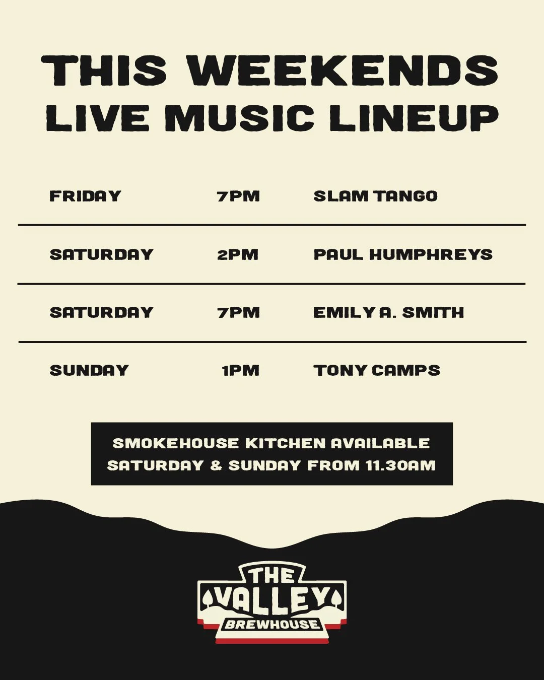 🎶 This Weekend&rsquo;s Live Music Lineup 🎶

FRIDAY
🎤 Slam Tango &ndash; Live from 7pm

SATURDAY
🎸 Paul Humphreys &ndash; Live from 2pm
🎶 Emily A. Smith &ndash; Live from 7pm

SUNDAY
🎵 Tony Camps &ndash; Live from 1pm

🍖 Our Smokehouse Kitchen 