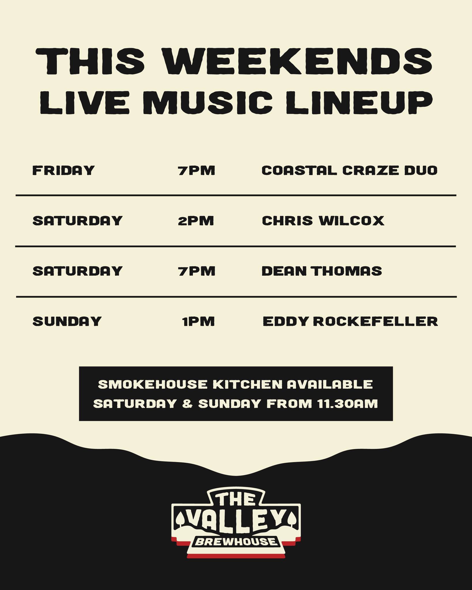 🎶 This Weekend&rsquo;s Live Music Lineup 🎶

FRIDAY
🎤 Coastal Craze Duo &ndash; Live from 7pm

SATURDAY
🎸 Chris Wilcox &ndash; Live from 2pm
🎶 Dean Thomas &ndash; Live from 7pm

SUNDAY
🎵 Eddy Rockefeller &ndash; Live from 1pm

🍖 Our Smokehouse 