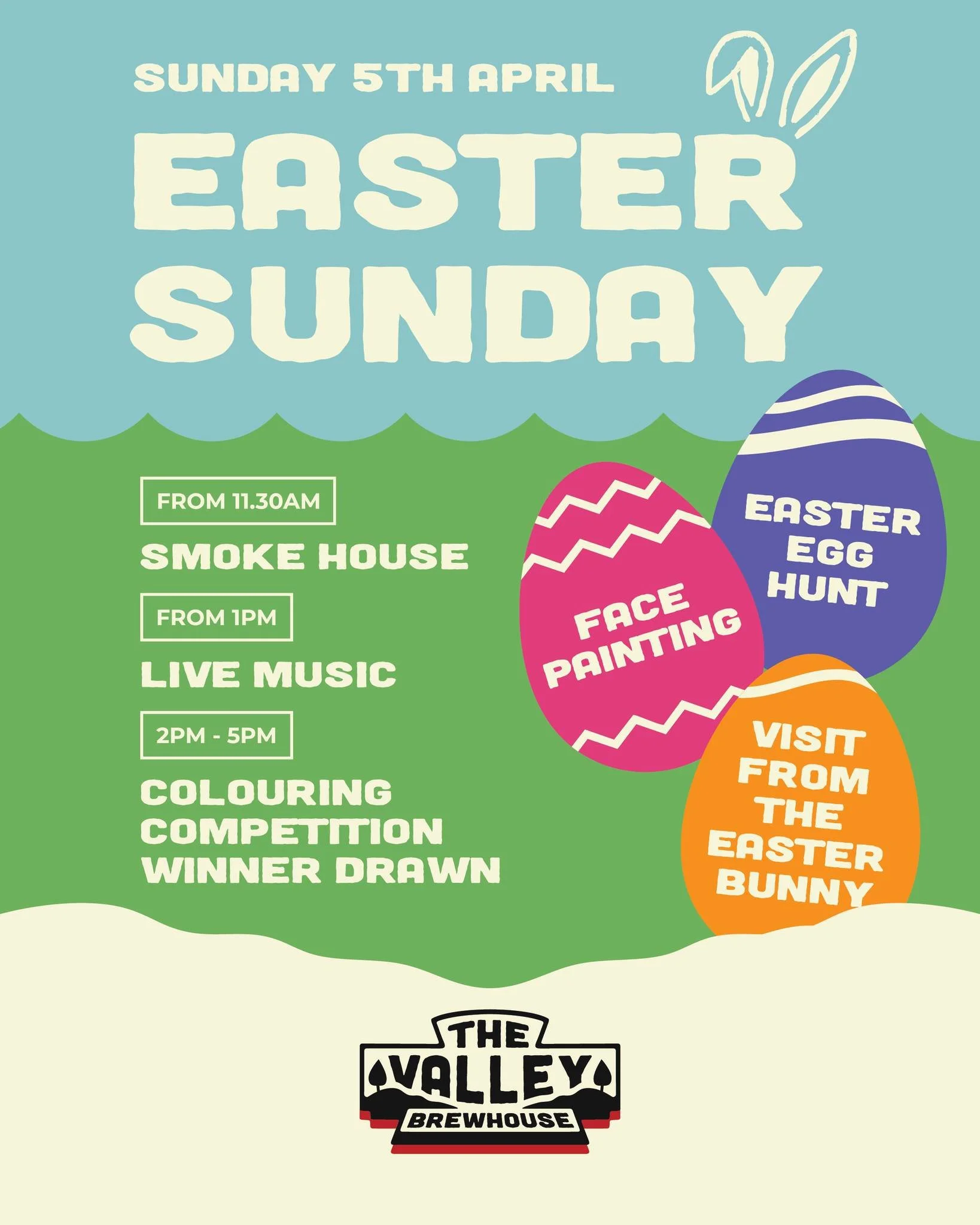 🐰🌸 Easter Sunday at The Valley Brewhouse 🌸🐰

Join us Sunday 5th April for a fun-filled day the whole family will love!

🔥 Smoke House from 11.30am
🎶 Live music from 1pm

From 2pm&ndash;5pm 
🎨 Face painting
🥚 Easter egg hunt
🖍️ Colouring comp