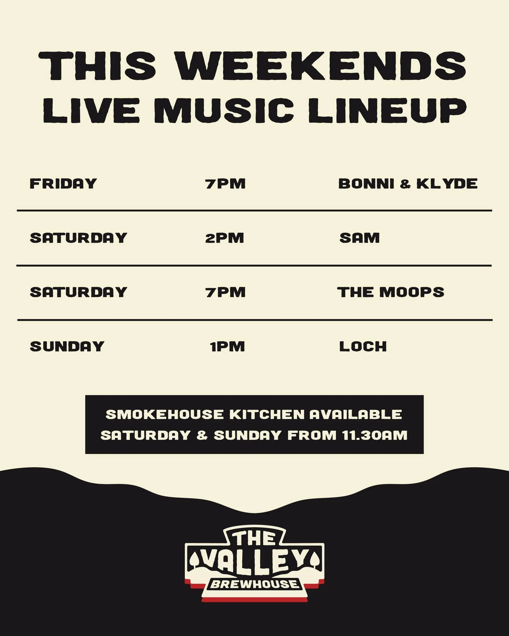 🎶 This Weekend at The Valley 🎶

Live music, good vibes &amp; a full weekend lineup you don&rsquo;t want to miss 👇

🎤 Friday 7PM &ndash; Bonni &amp; Klyde
🎸 Saturday 2PM &ndash; Sam
🎶 Saturday 7PM &ndash; The Moops
🎵 Sunday 1PM &ndash; Loch

🔥