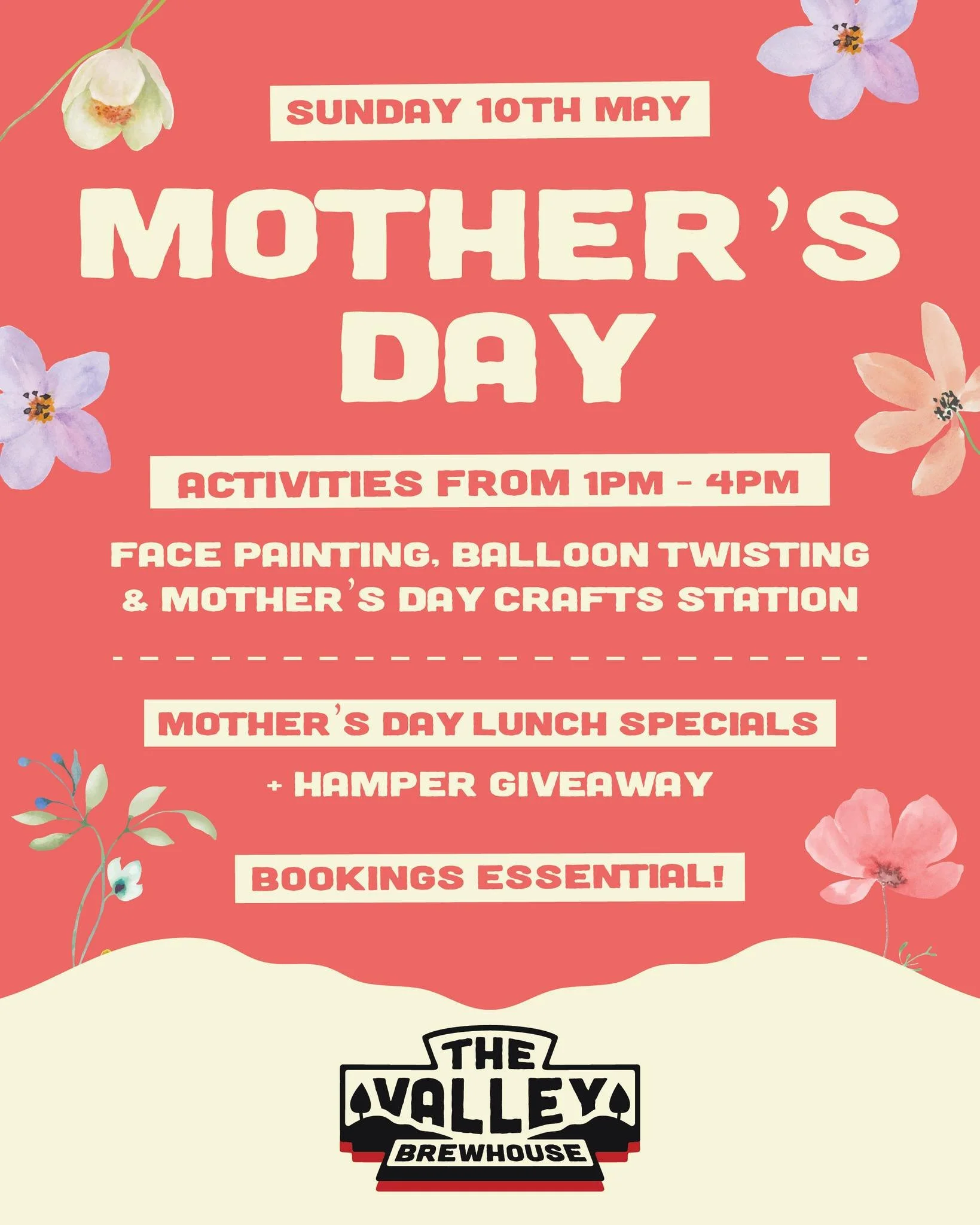 🌸 Mother&rsquo;s Day at The Valley Brewhouse 🌸

Join us Sunday 10th May for a day all about Mum 💛

✨ Activities from 1pm&ndash;4pm
🎨 Face painting, balloon twisting &amp; Mother&rsquo;s Day crafts
🍽️ Mother&rsquo;s Day lunch specials
🎁 Hamper g