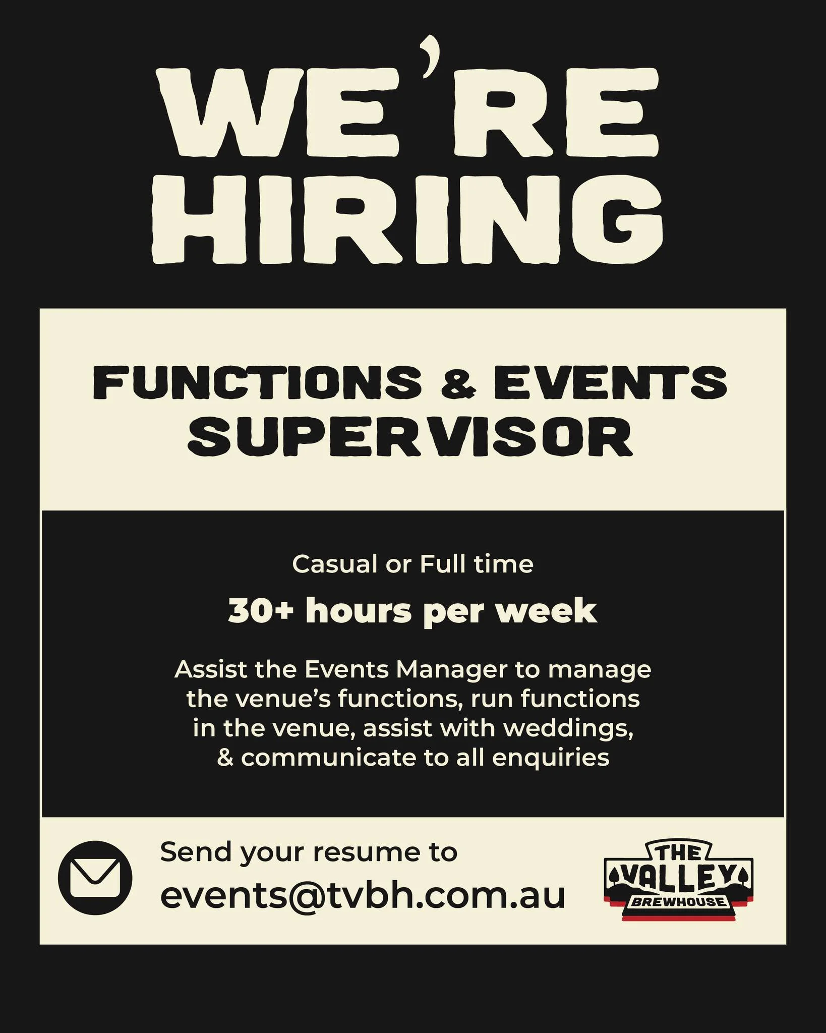 We&rsquo;re hiring 👀

Looking for a Functions &amp; Events Supervisor to join the team at The Valley Brewhouse

If you&rsquo;ve got experience running events, love a fast-paced venue &amp; know how to keep things ticking&hellip; we want to hear from