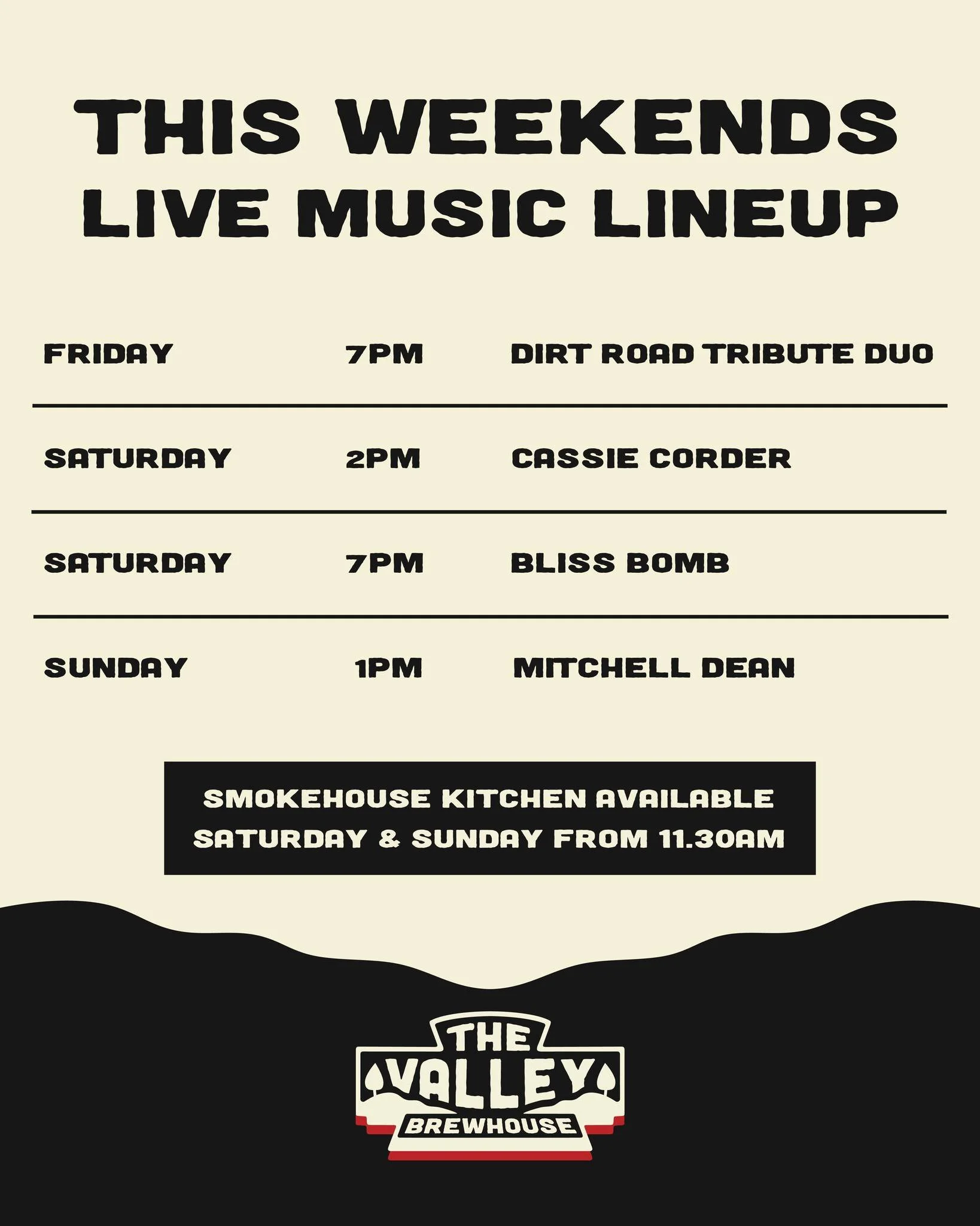 This weekend&rsquo;s live music lineup is looking pretty good 🍻🎶

Cold beers, good tunes &amp; a reason to stay out a little longer 👏 

Check out who&rsquo;s playing this weekend and make a night of it here with us a the Valley Brewhouse!
