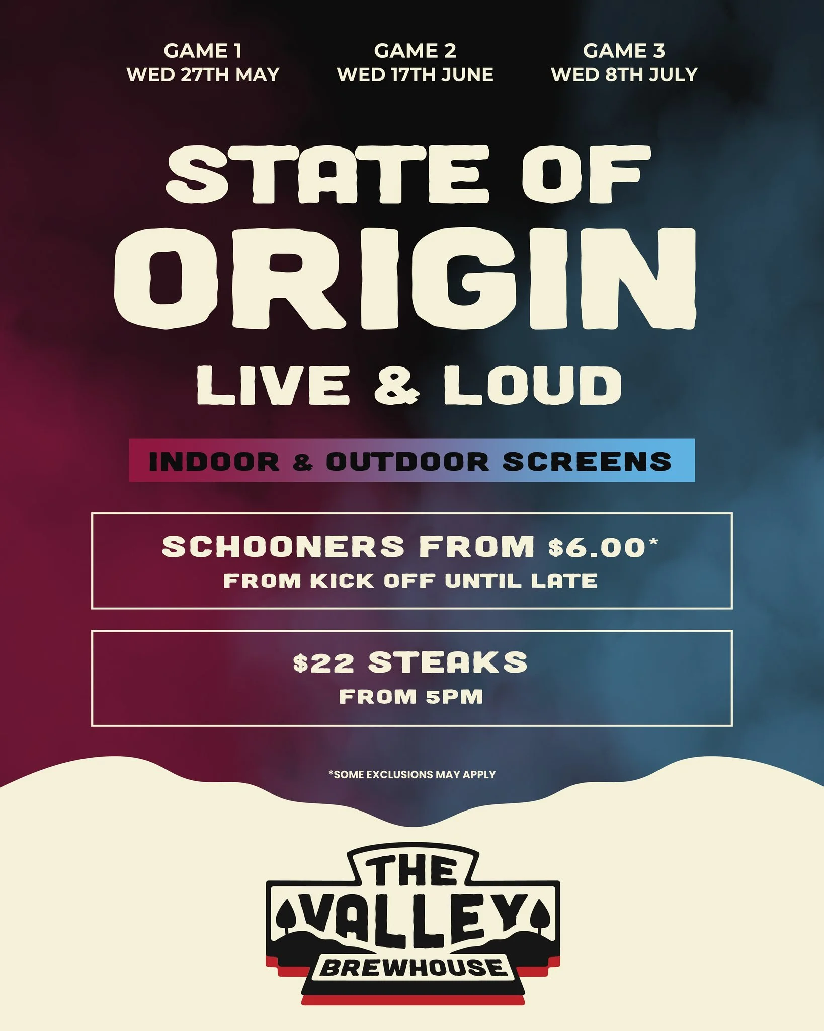 Game 1 this Wednesday night 🍻🏉

Cold beers and Origin live &amp; loud on our indoor and outdoor screens!

$6 schooners* from kick off
$22 Steaks from 5:00pm

See you there!

T&amp;Cs apply.