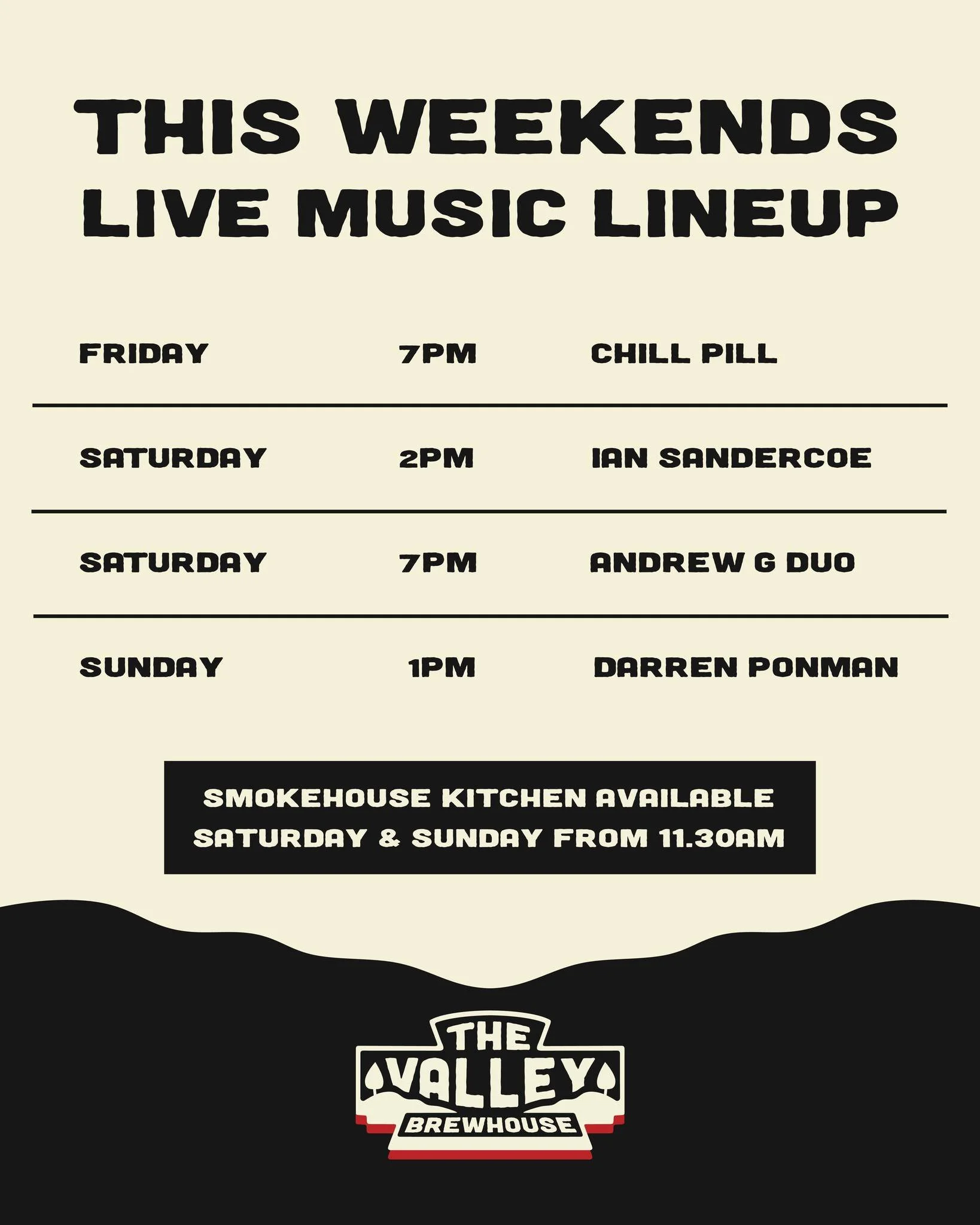 Weekend looking a little boring? We&rsquo;ve got the solution 🍻🎶

This weekend at The Valley Brewhouse, the best beers, great live music, smokehouse kitchen and all the good stuff we&rsquo;re known for.

Here&rsquo;s your live music lineup 🔥