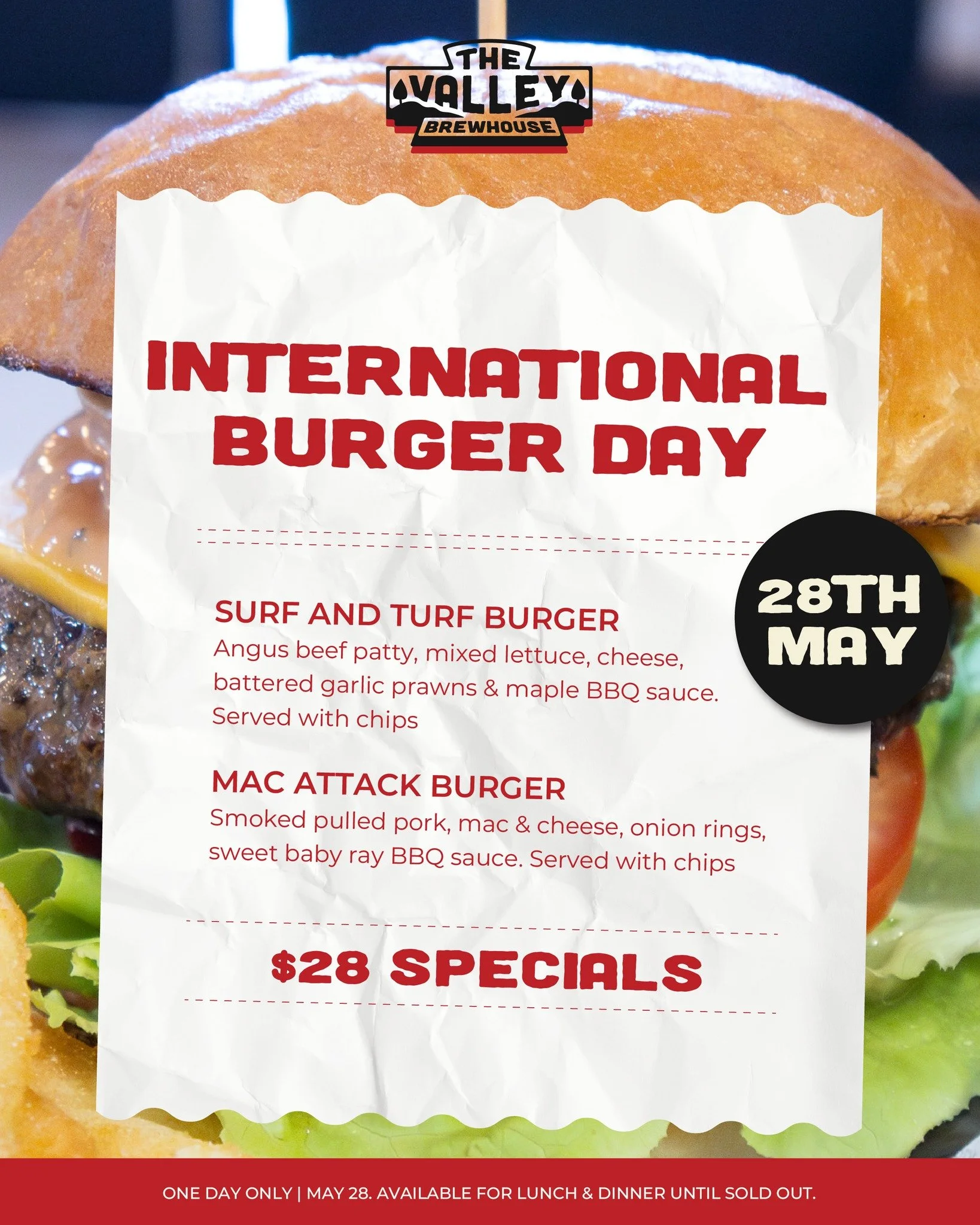 International Burger Day deserves something a little over the top 🍔🔥

For one day only (today) we&rsquo;re serving up two loaded burger specials at The Valley Brewhouse:

🦐 Surf &amp; Turf Burger
🧀 Mac Attack Burger

Both served with chips for $2