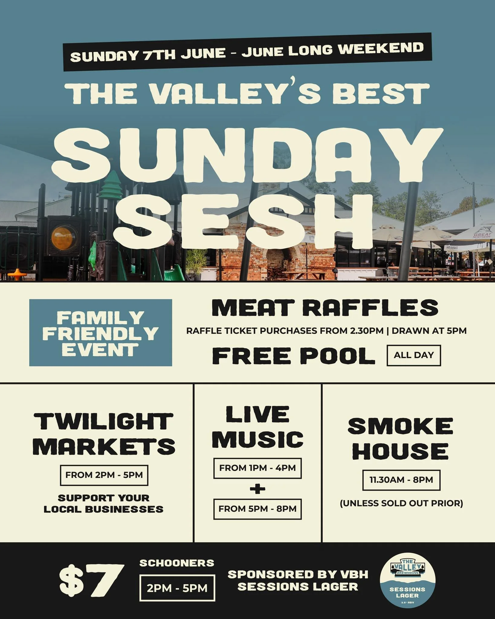 Long weekend plans? We&rsquo;ve got your Sunday sorted 🍻☀️

Twilight Markets with @weird_is_wonderful_markets, live music, smokehouse, meat raffles and free pool all day 👏

Plus $7 schooners of VBH Sessions Lager from 2pm&ndash;5pm 🍺

Round up the