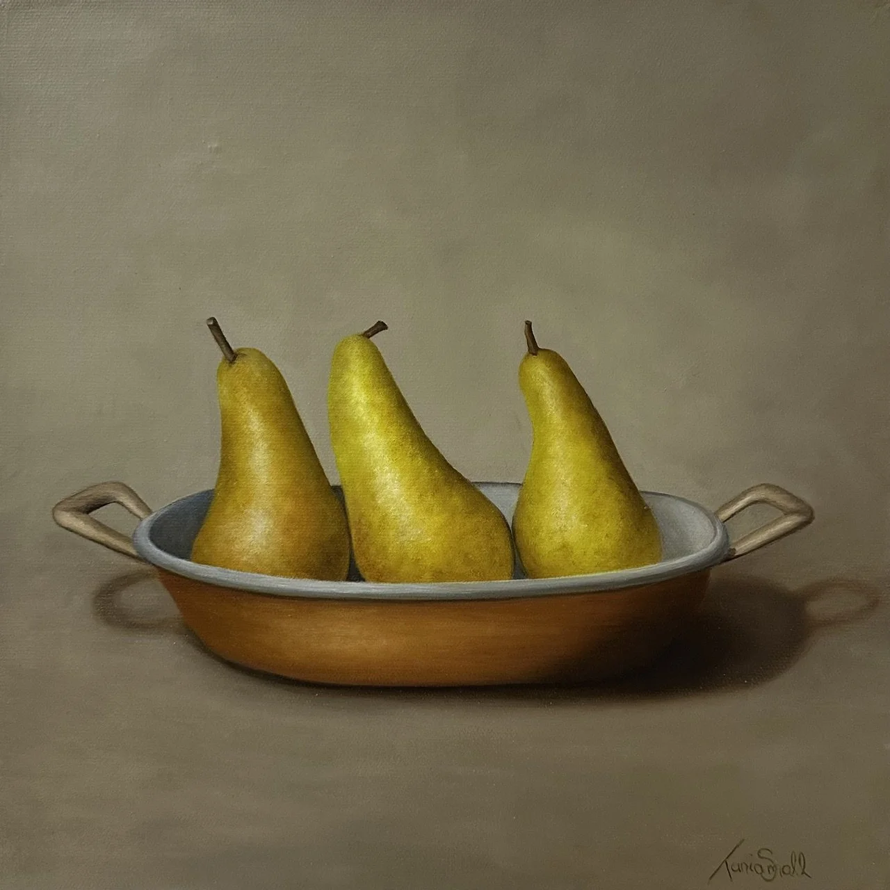 Pears in Copper Dish.  Oil on canvas panel, custom frame. 33x33cm. $880.00.