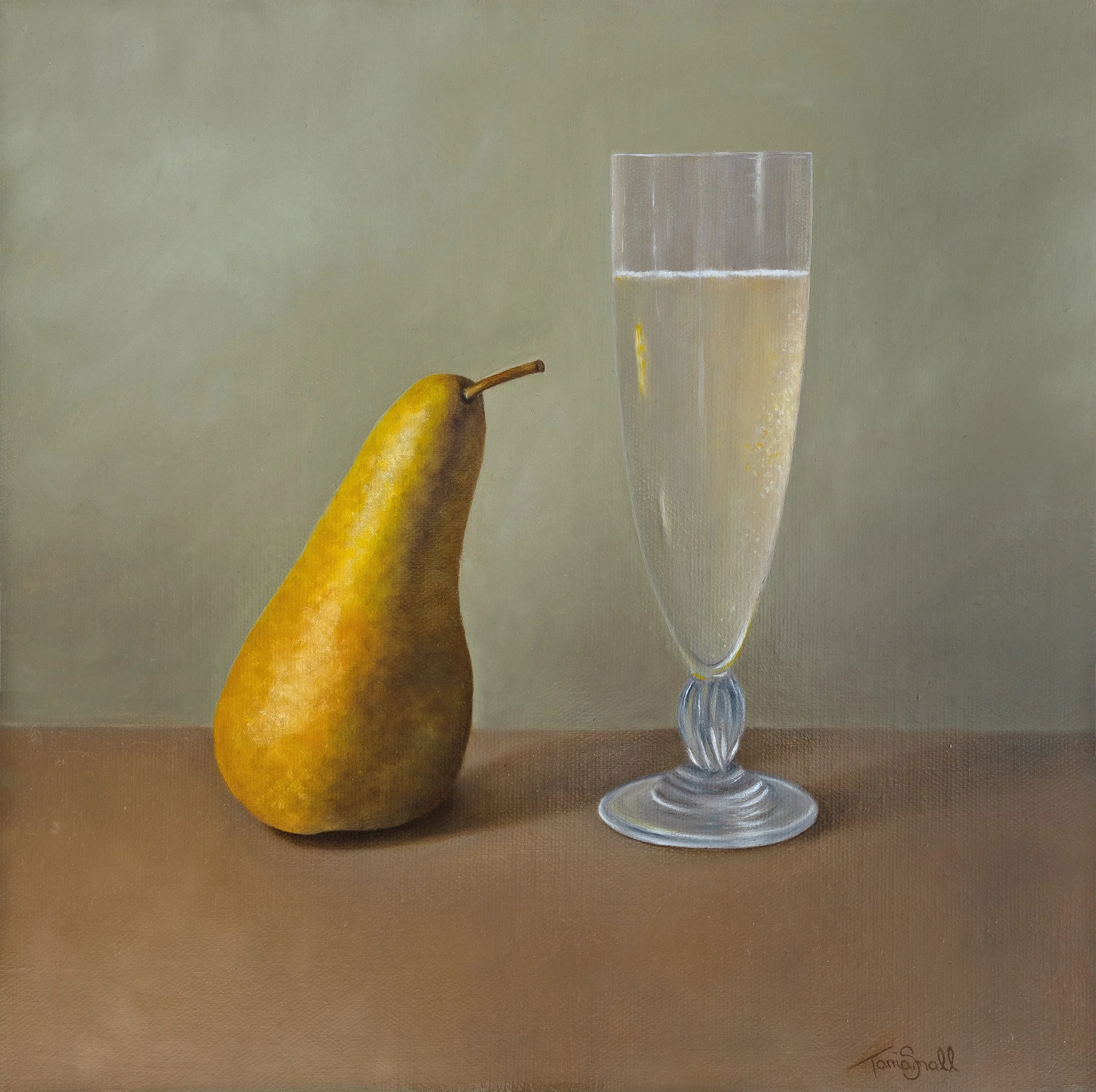Pear and Champagne.  Oil on canvas panel.  33x33cm. Custom frame.  $880.00.