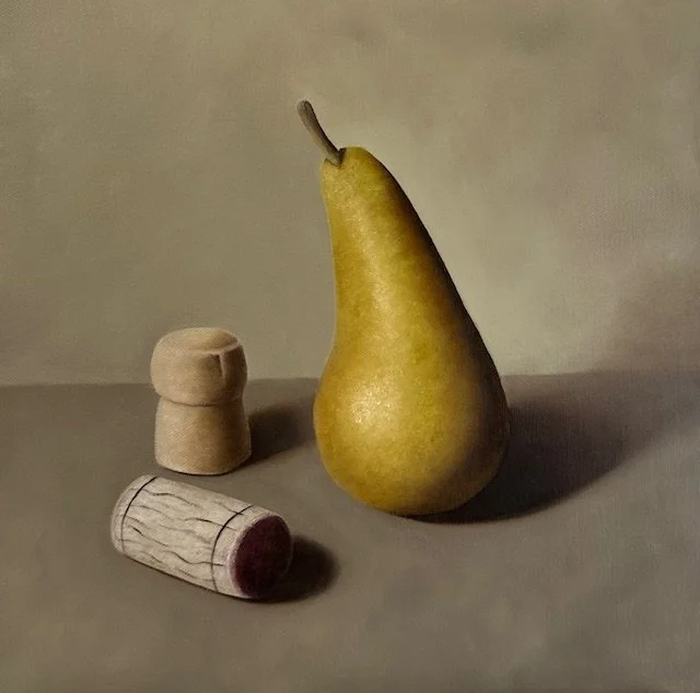 Pear and Corks. Oil on canvas panel, custom frame.  33x33cm.  $880.00.