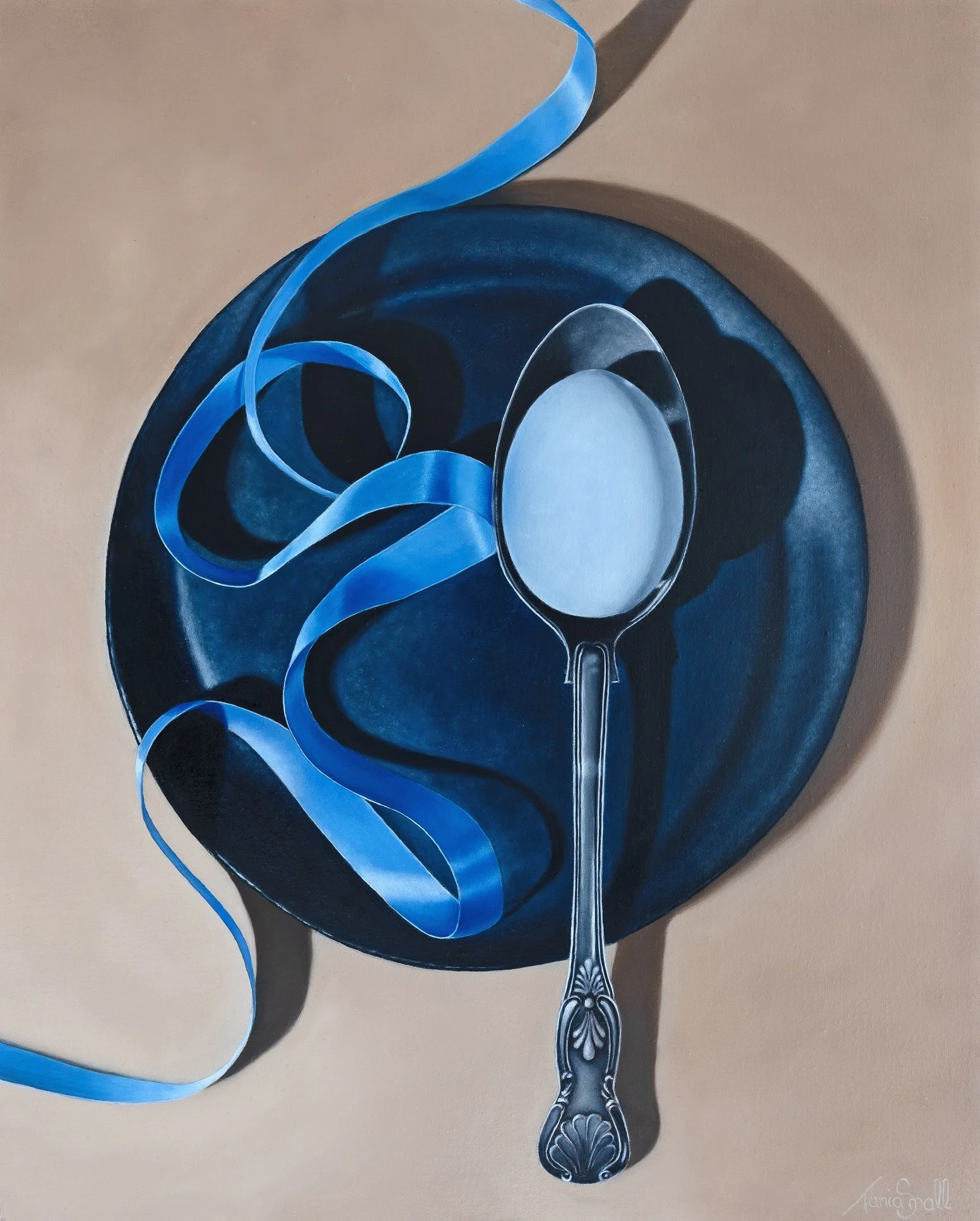 Spoon, Egg, Ribbon on Blue Earthenware.  Finalist 2026 Du Reitz Art Prize. Oil on canvas, framed.  53x43cm.  $1500.00