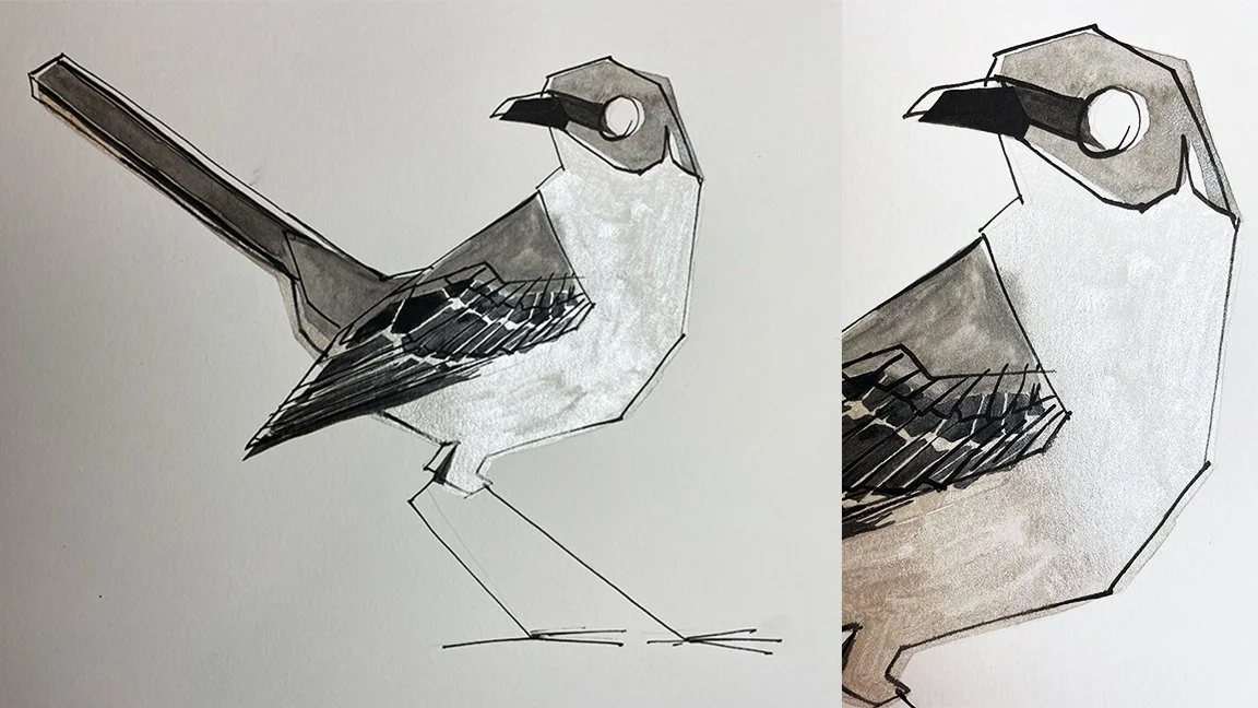 Painting of a Northern Mockingbird by watercolor artist Hannah Maltry