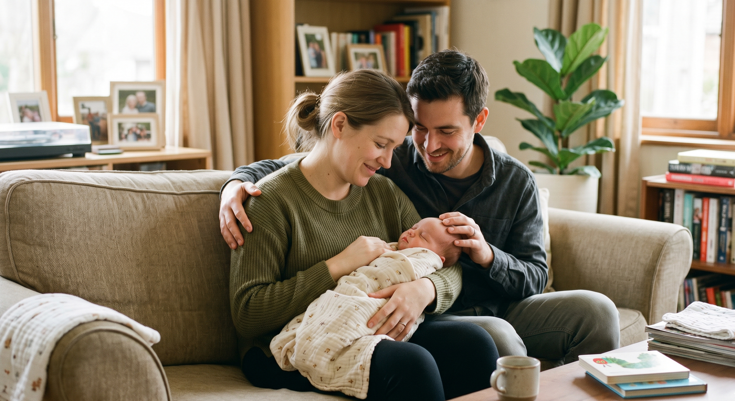 A happy family with a mother, father, and newborn baby sitting on a beige sofa in a cozy living room. The mother is holding the baby, and the father is tenderly touching the baby's head. The room is decorated with framed family photos, books, and a large green plant, with windows letting in natural light.