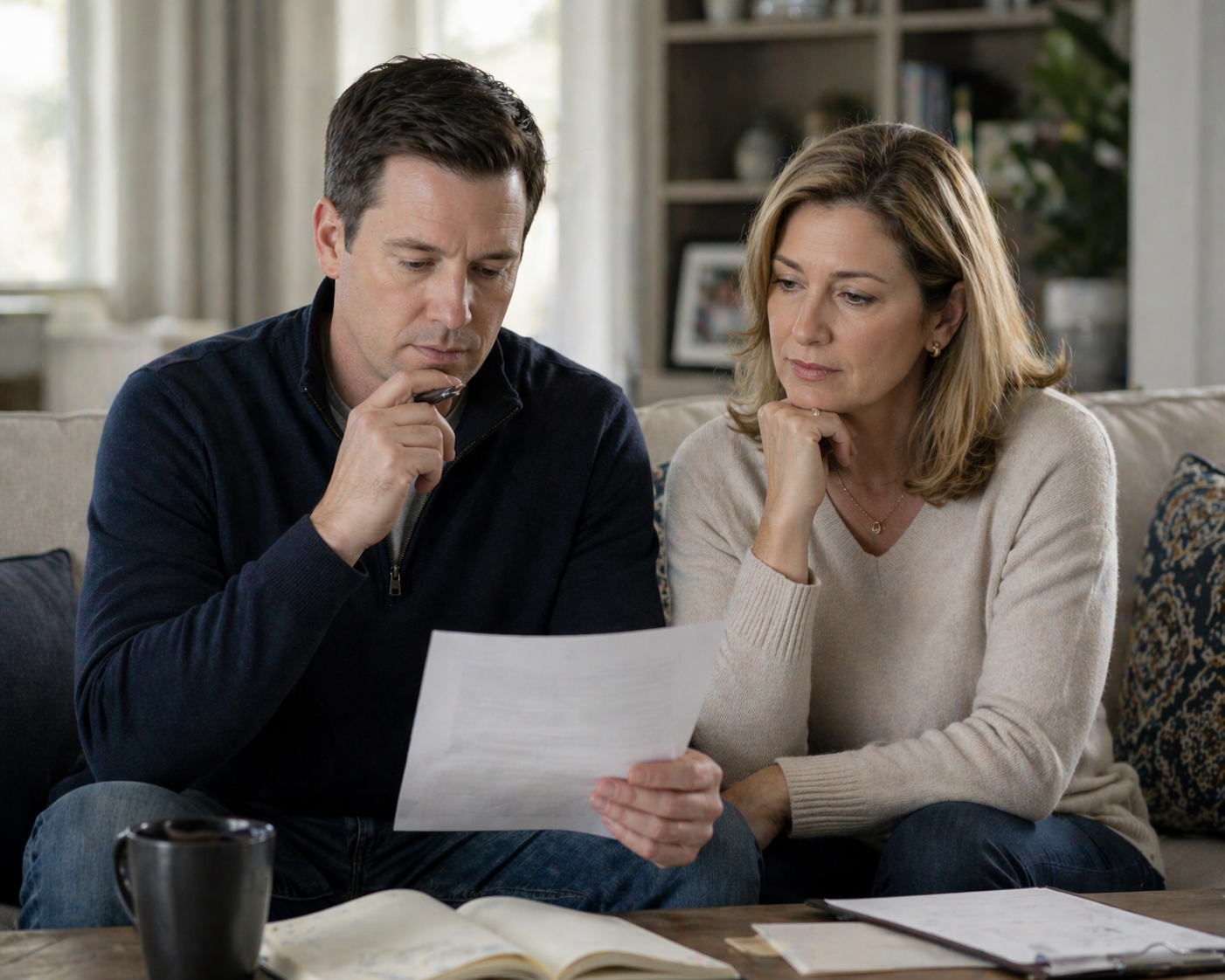 A man and woman sitting on a couch looking at a piece of paper together in a living room.