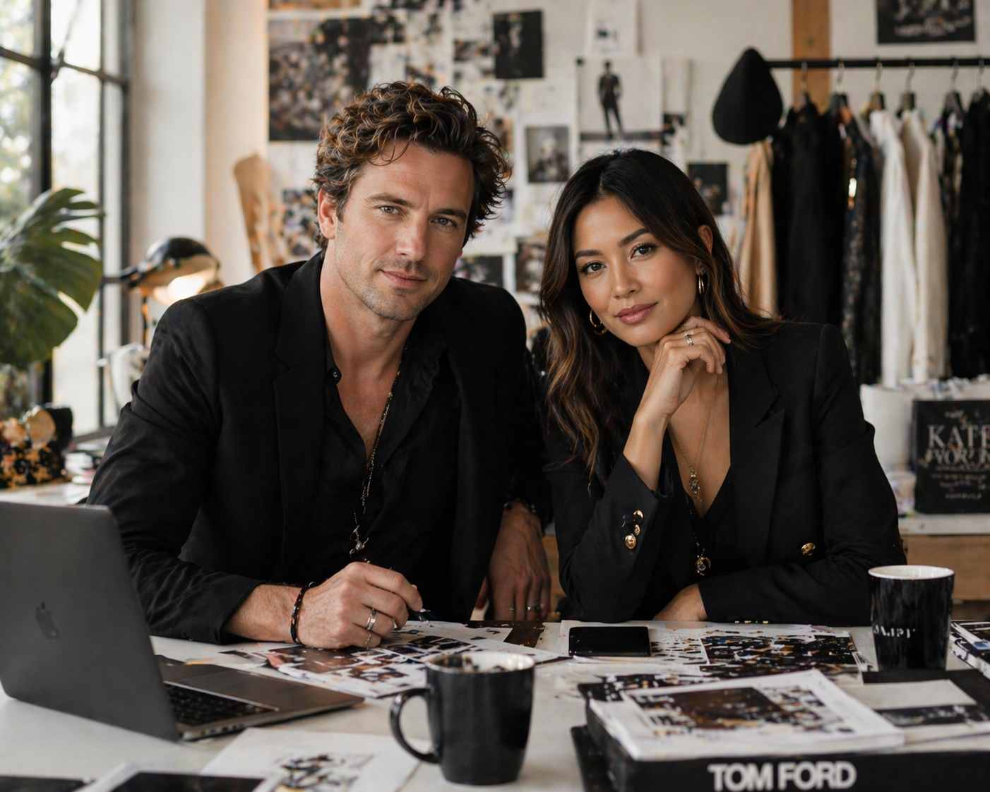 Two individuals, a man with curly hair and a woman with wavy hair, sitting at a table in a creative workspace. They are dressed in black blazers and are surrounded by photographs, magazines, and a laptop. The background features racks of clothing and poster images. The scene suggests a fashion or design meeting.