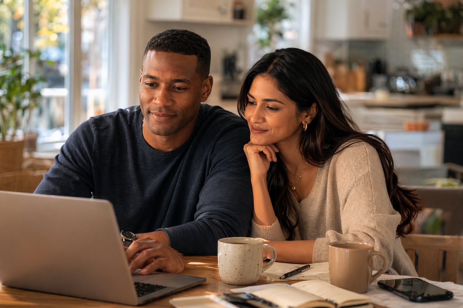 A man and woman sitting at a table, looking at a laptop screen together, with coffee mugs and a notebook on the table in a cozy cafe.