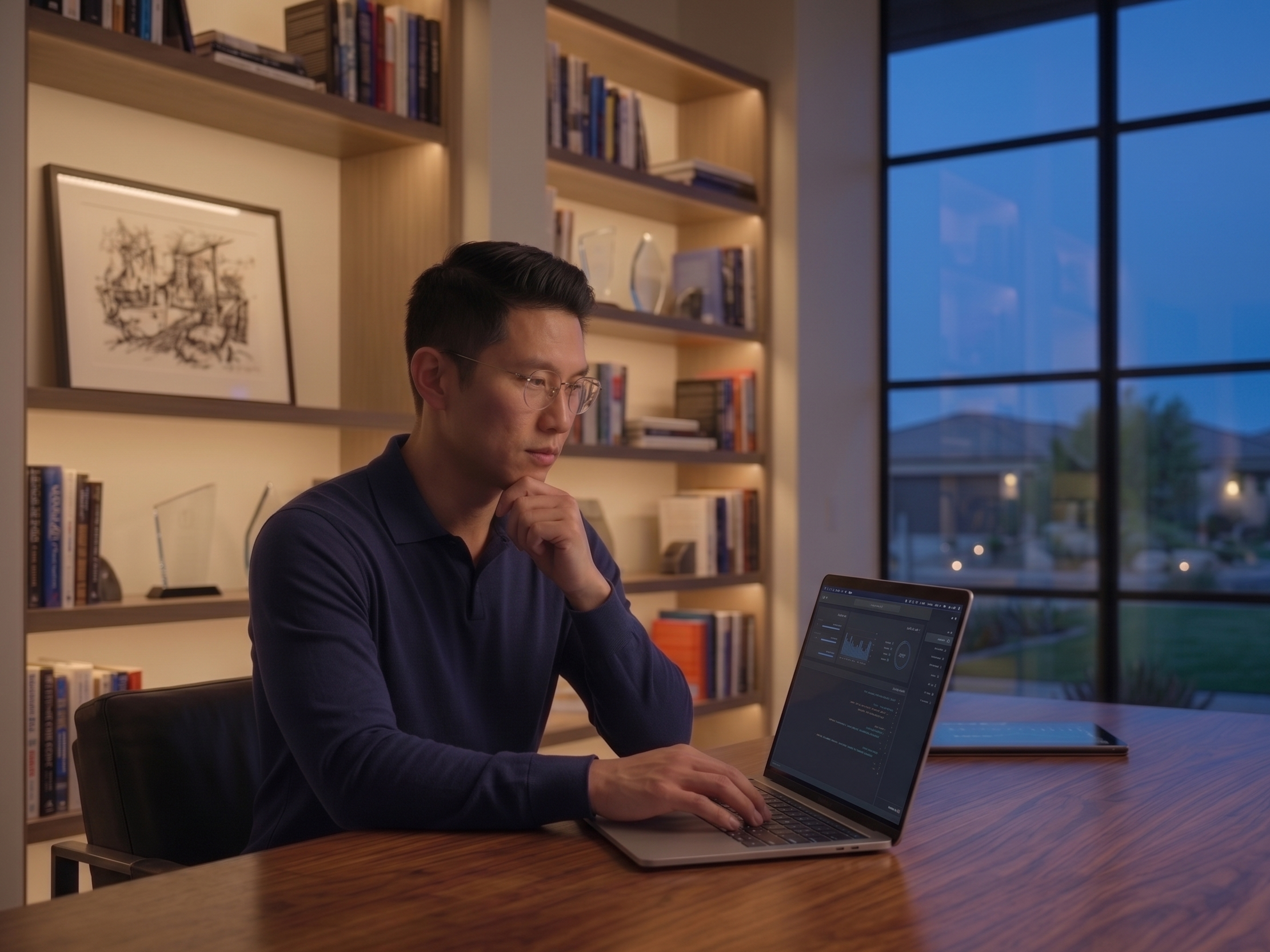 A man with glasses and dark hair sitting at a desk using a laptop with data visuals on the screen, in a well-lit room with wooden bookshelves behind him and large window showing a twilight evening outside.