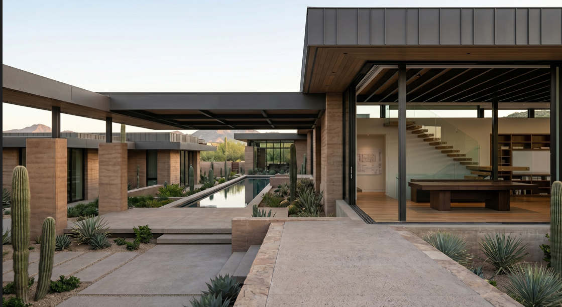 Modern house with large glass windows, outdoor pool, and desert landscaping including cacti and agave plants.