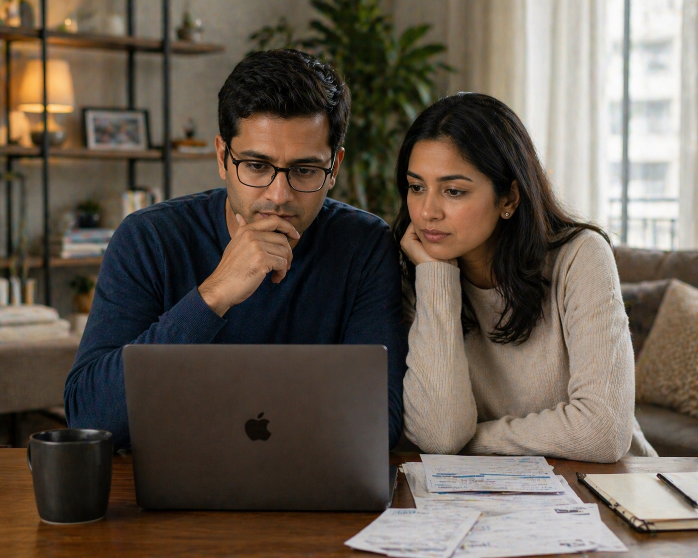 A man and woman sitting at a table, looking at a laptop screen with a thoughtful expression. There are papers and a pen in front of them, and a black mug is on the table. They are in a cozy, well-lit room with books and decor in the background.