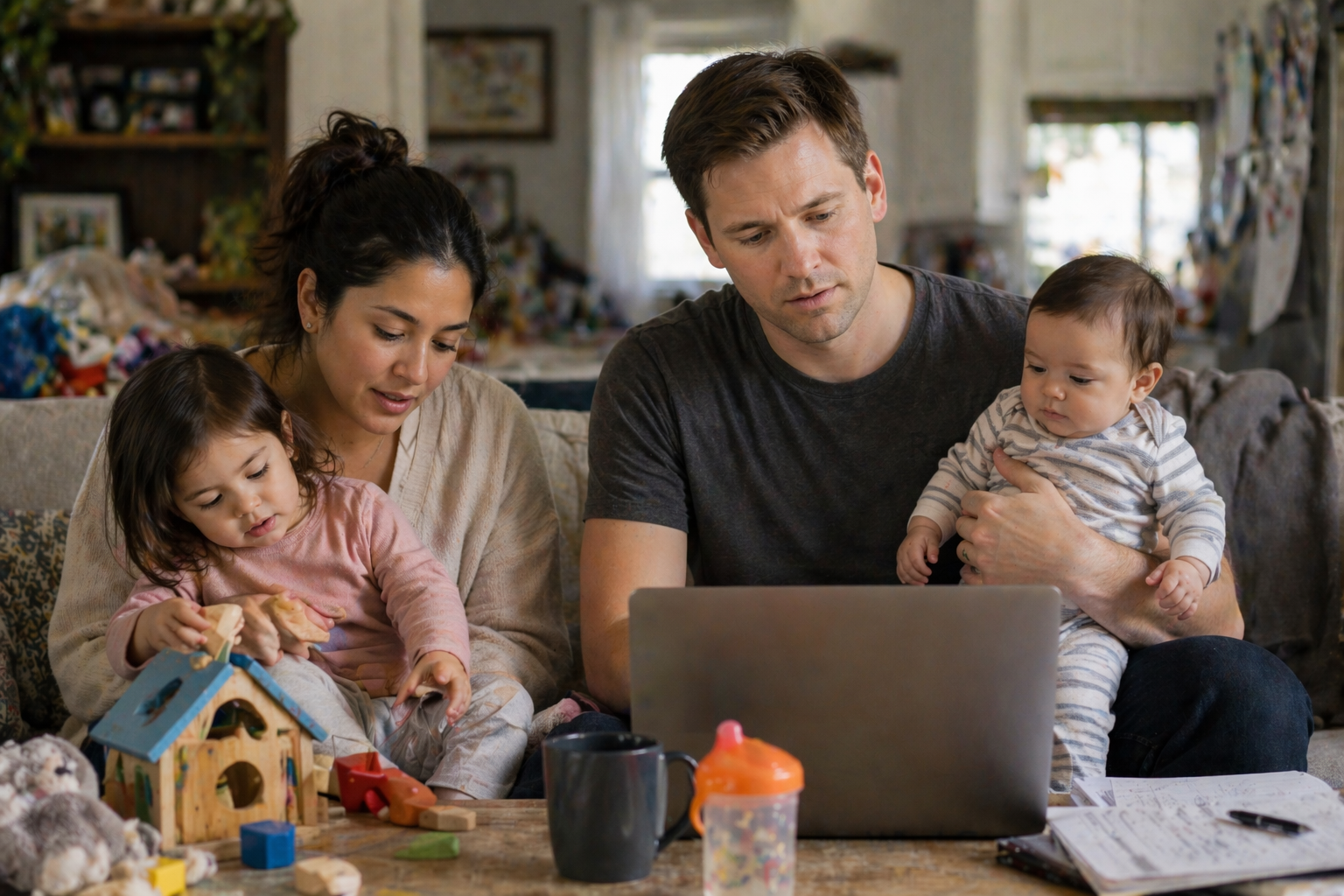 Family of four sitting on a couch, using a laptop, with children playing toys on a table in front of them in a cozy living room.