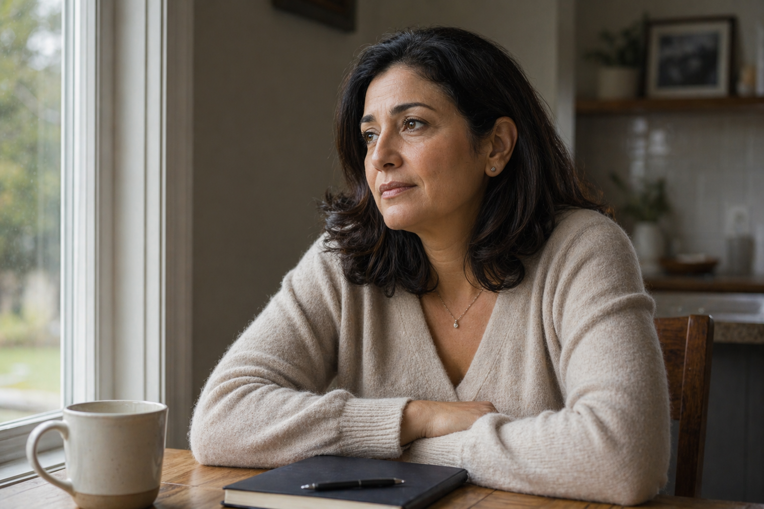 A woman sitting at a wooden table by a window, looking thoughtfully outside, with a coffee mug, notebook, and pen in front of her.