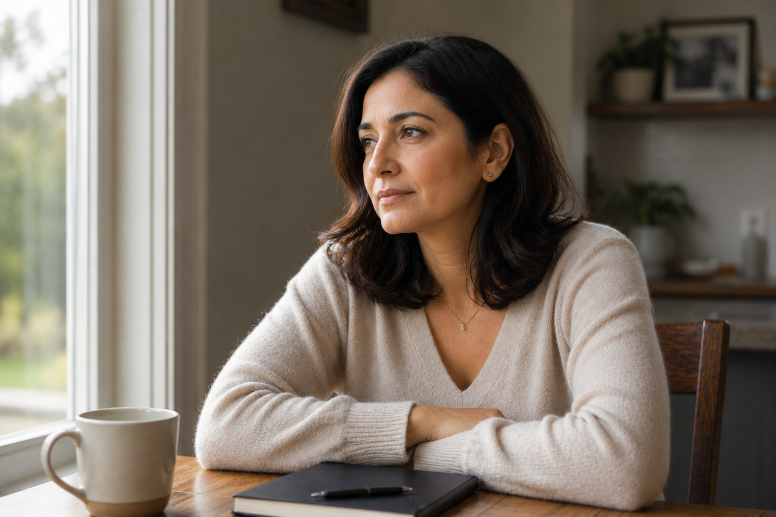 A woman with dark hair sitting at a wooden table, looking out the window, with a coffee mug, notebook, and pen on the table.