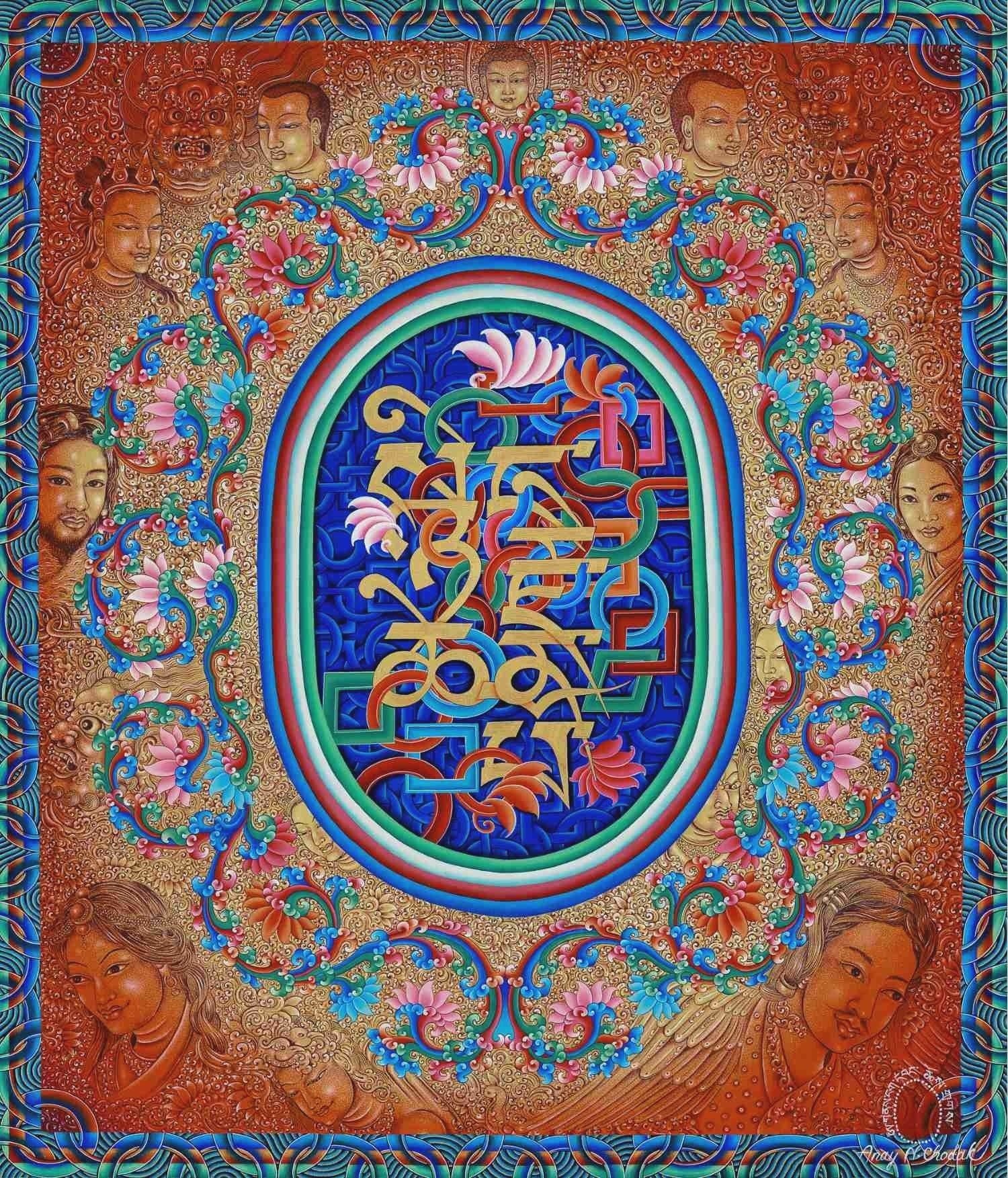 "Great compassion” (2017) 19.7 x 23 inch / 58.5 x 50 cm, mineral pigment, gouache, and 24K gold on handmade canvas, In a Private Collection