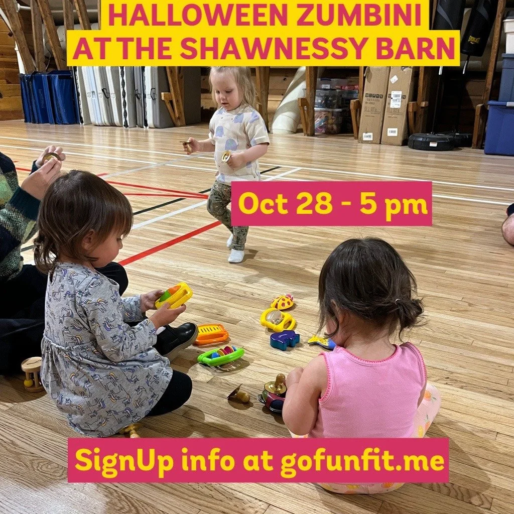 Join your community Halloween Zumbini party for families with kids ages 0 - 5.
Dance, sing, play with instruments, scarves to kid friendly music.
Sign up at gofunfit.me